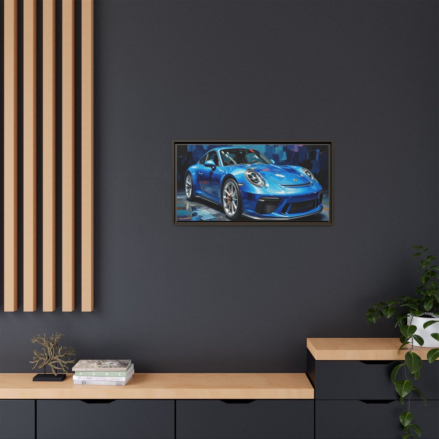Blue Sports Car Matte Canvas Framed Print — Modern Automotive Wall Art