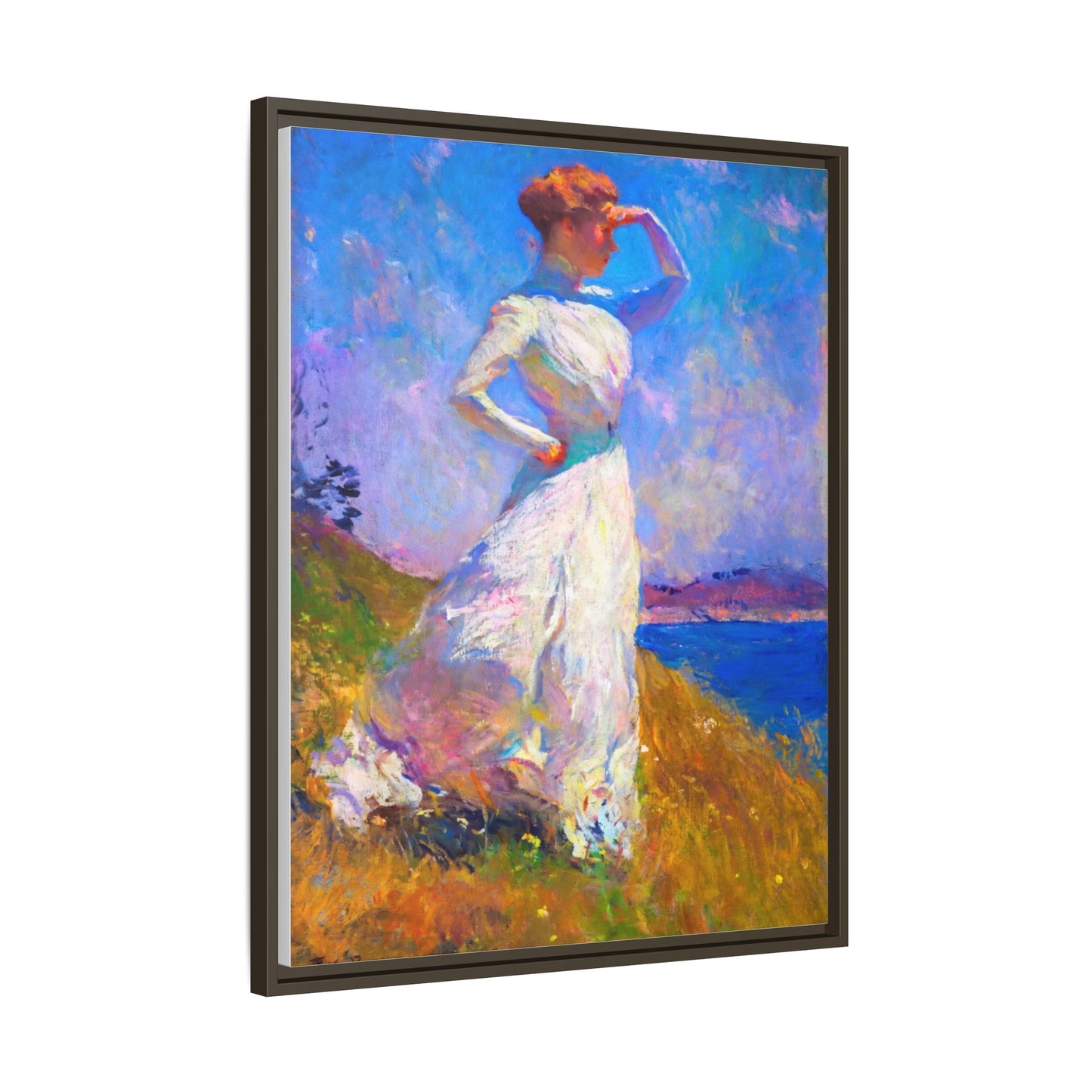 Framed Matte Canvas Art - Woman in White Seaside Impressionist Print