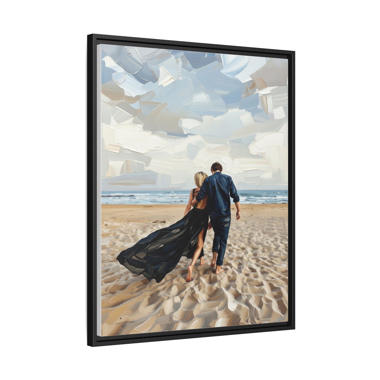 Framed Canvas Wall Art — Romantic Couple Walking on Beach Print