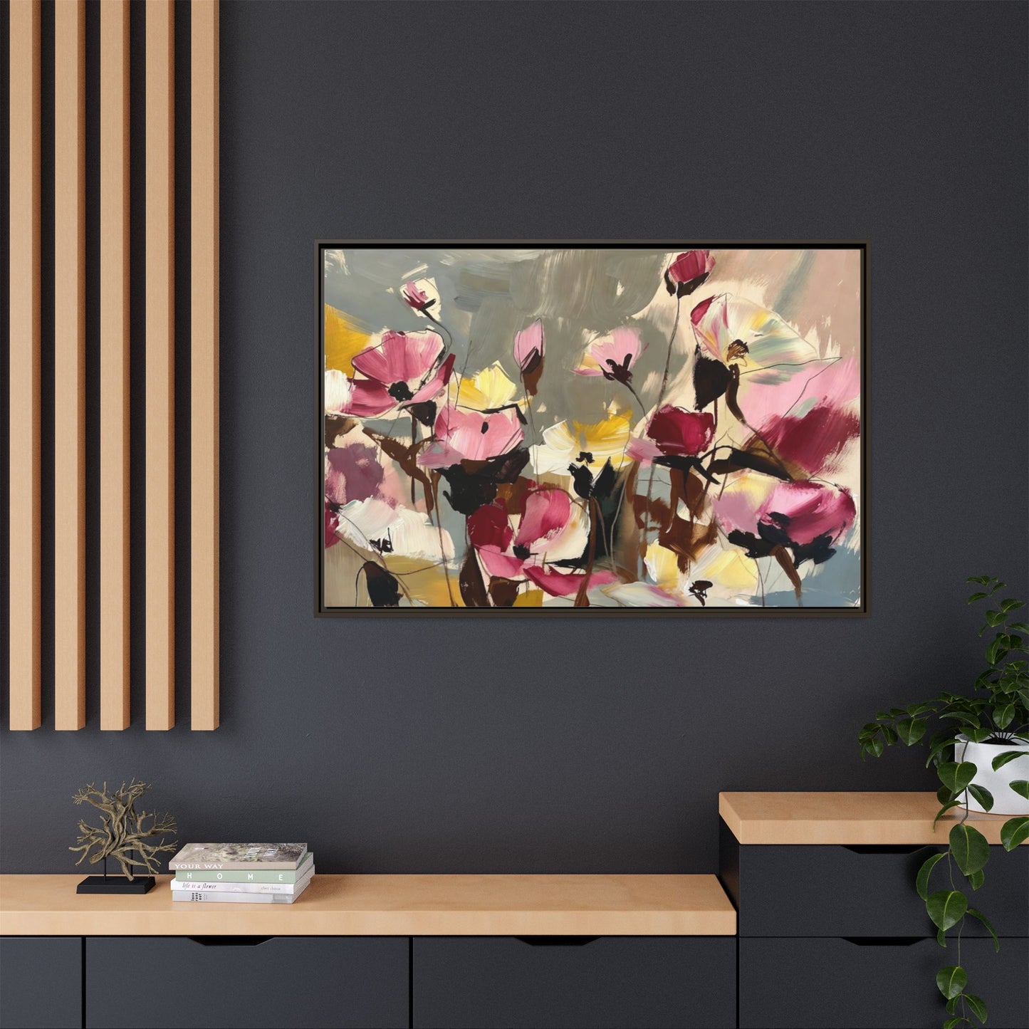 Framed Floral Canvas Wall Art — Abstract Pink & Yellow Flowers