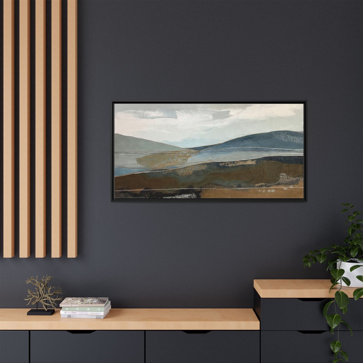 Framed Matte Canvas Landscape Art - Serene Abstract Hills in Blue & Earth Tones