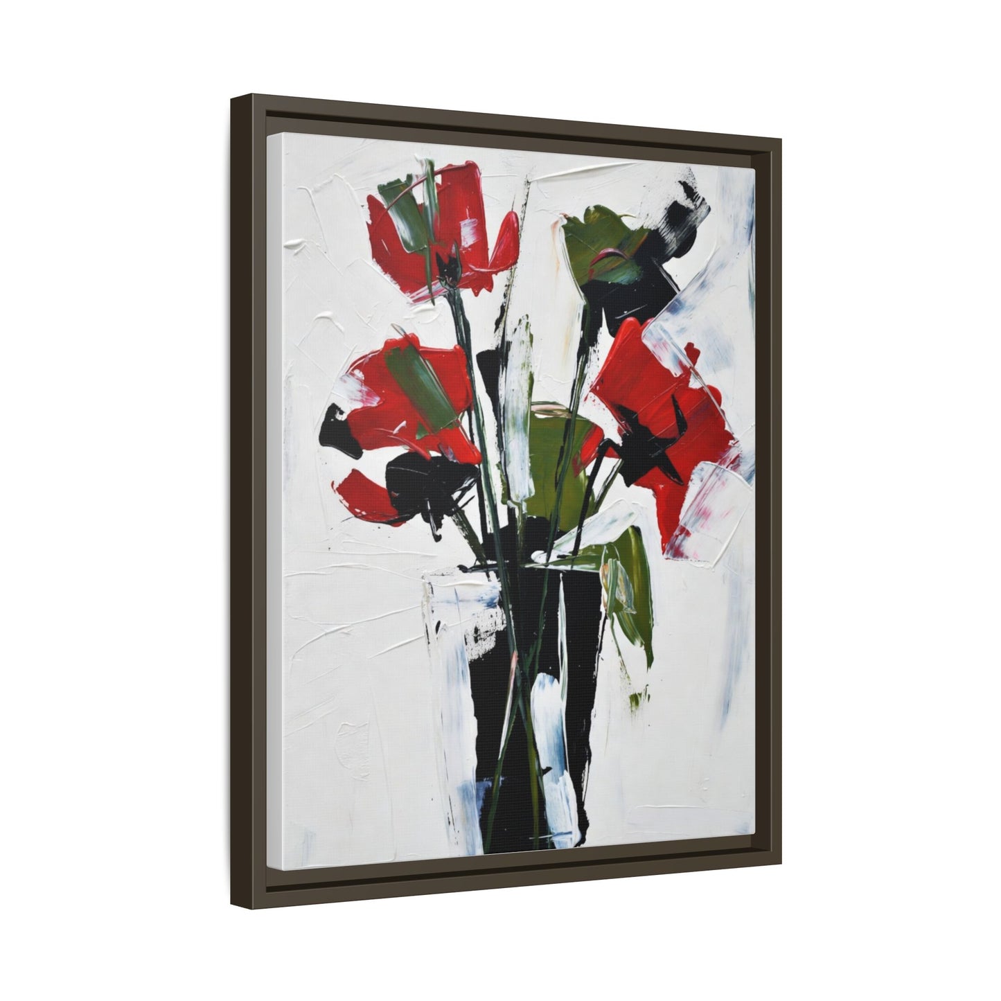 Framed Abstract Floral Canvas Print — Red Poppies in Black Vase