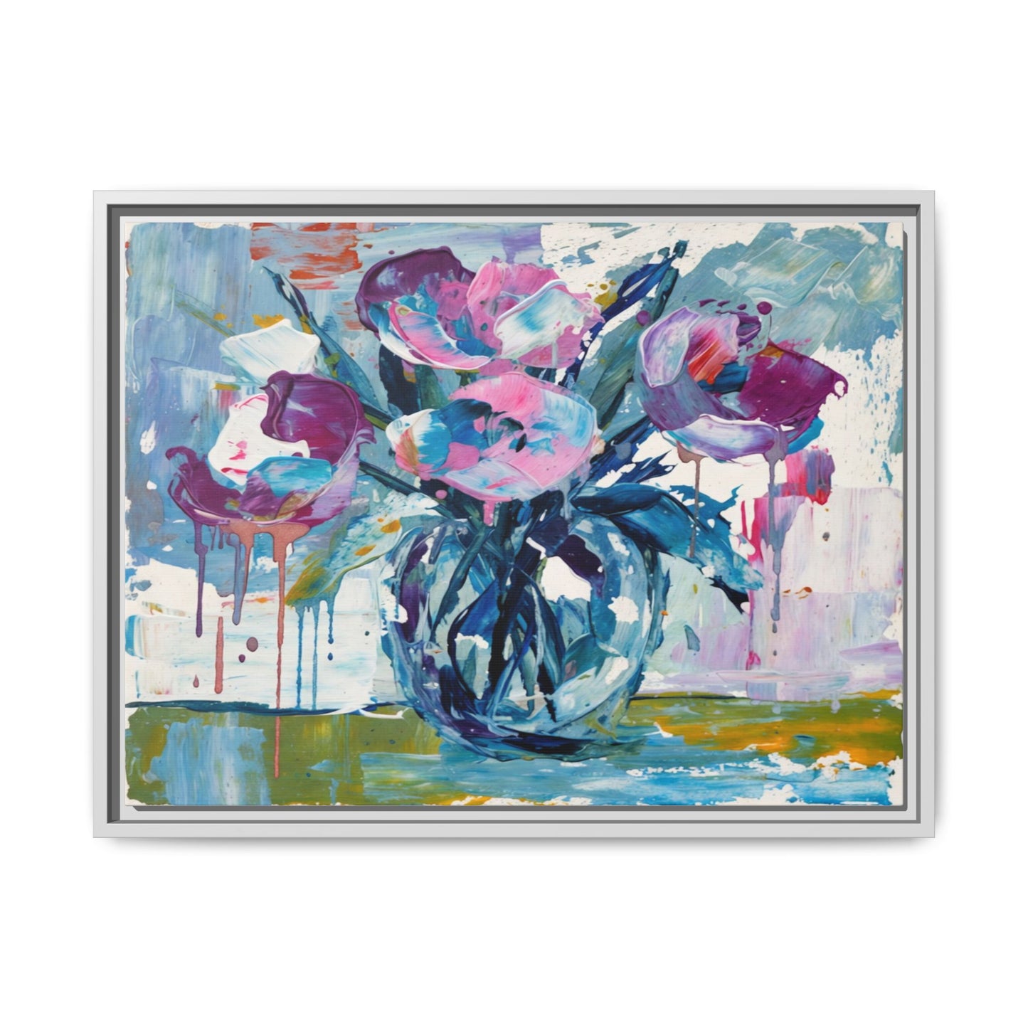 Framed Floral Canvas Art — Abstract Pink & Blue Bouquet