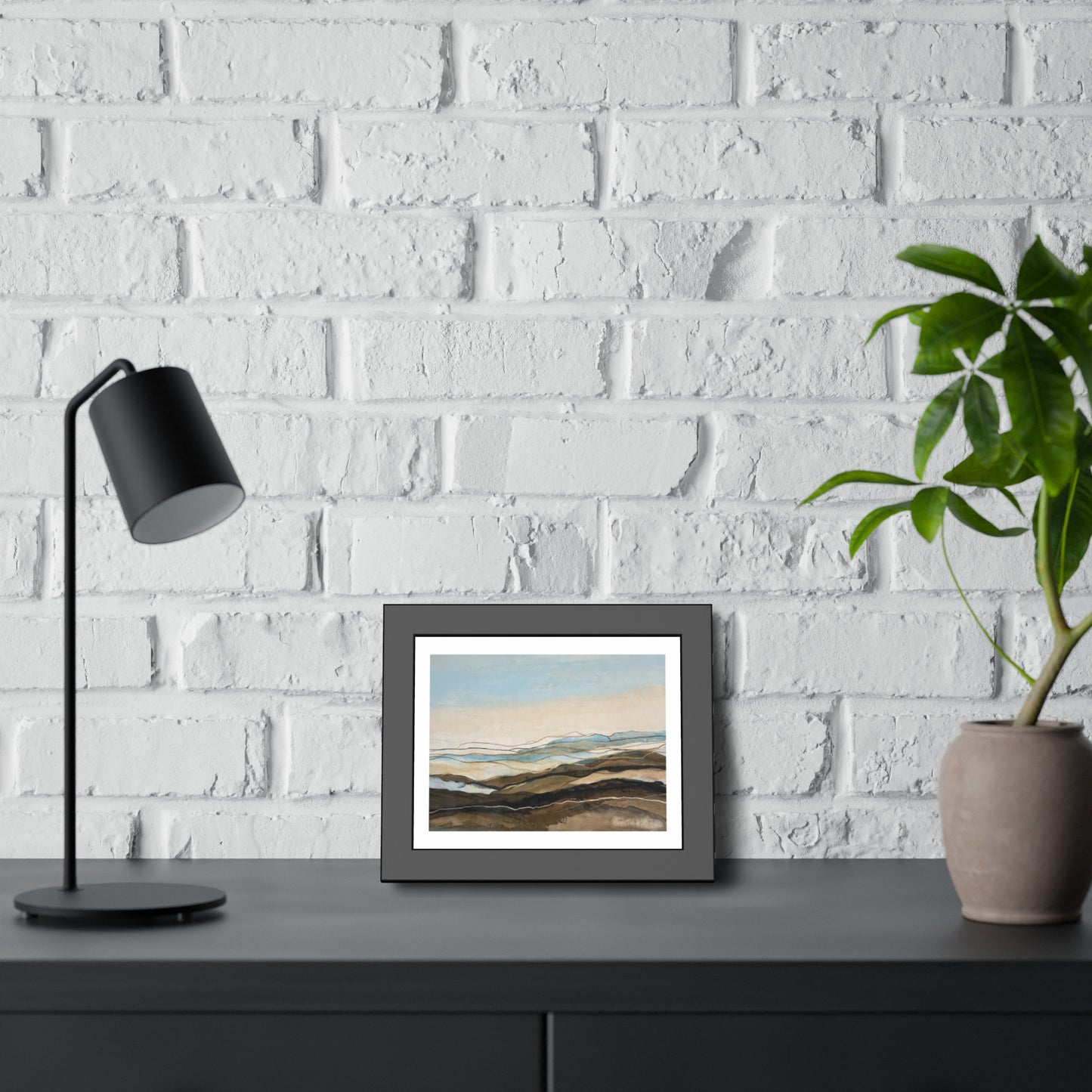 Coastal Abstract Landscape Framed Poster — Serene Blue & Earthtone Wall Art