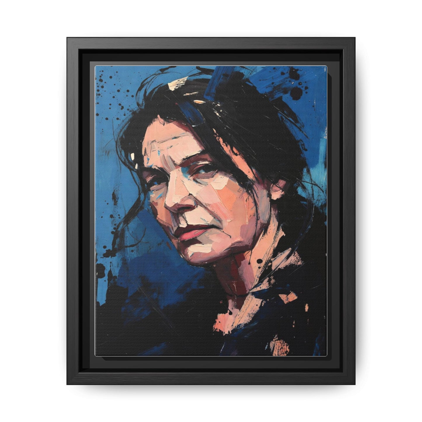 Framed Matte Canvas Portrait — Expressive Blue Painterly Woman Art