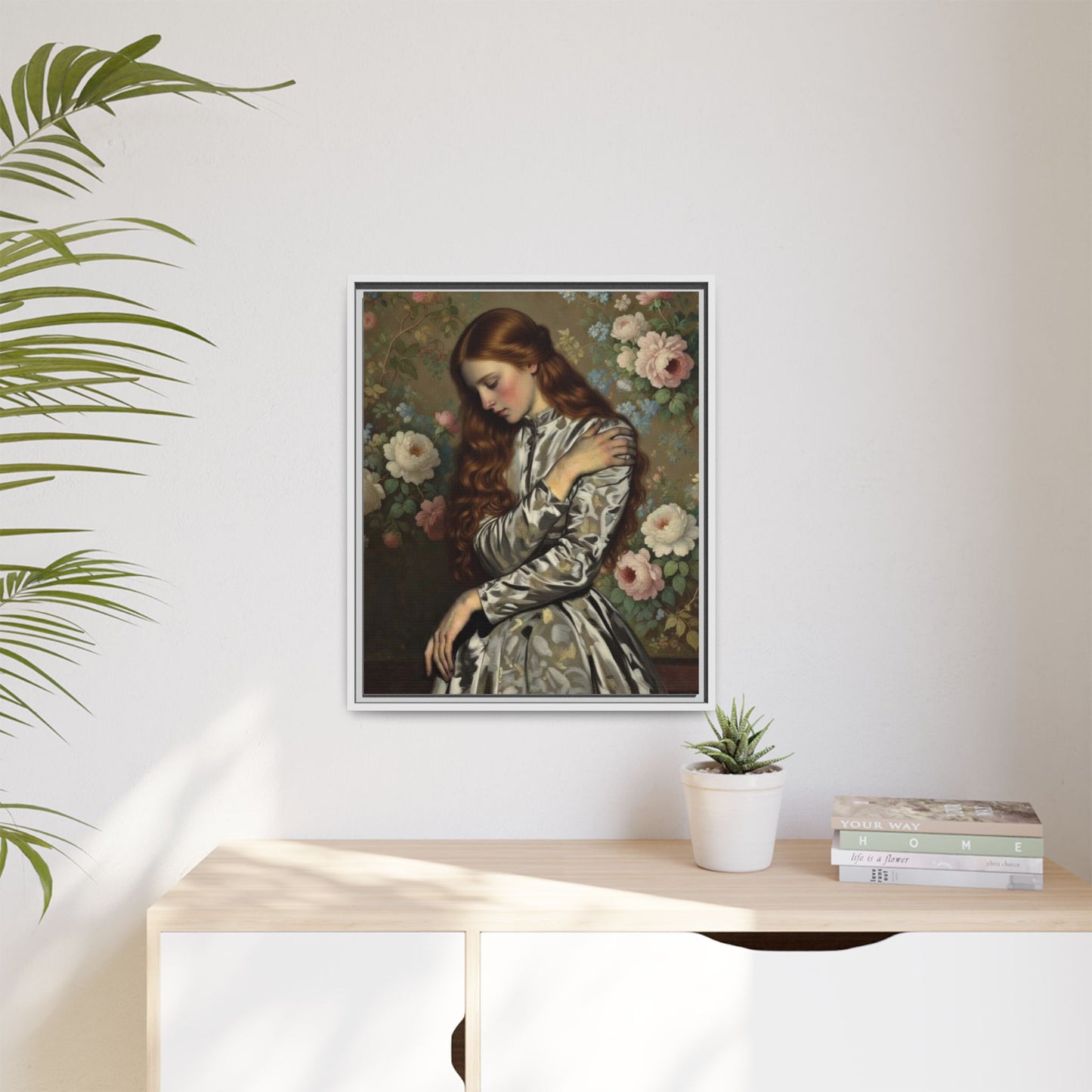 Framed Matte Canvas Art — Vintage Floral Portrait of a Young Woman