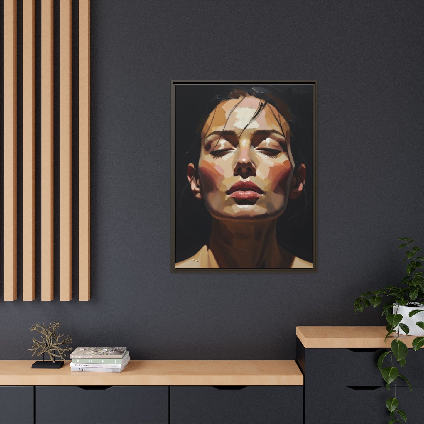 Framed Matte Canvas Portrait – Woman with Eyes Closed (Multi‑Color)