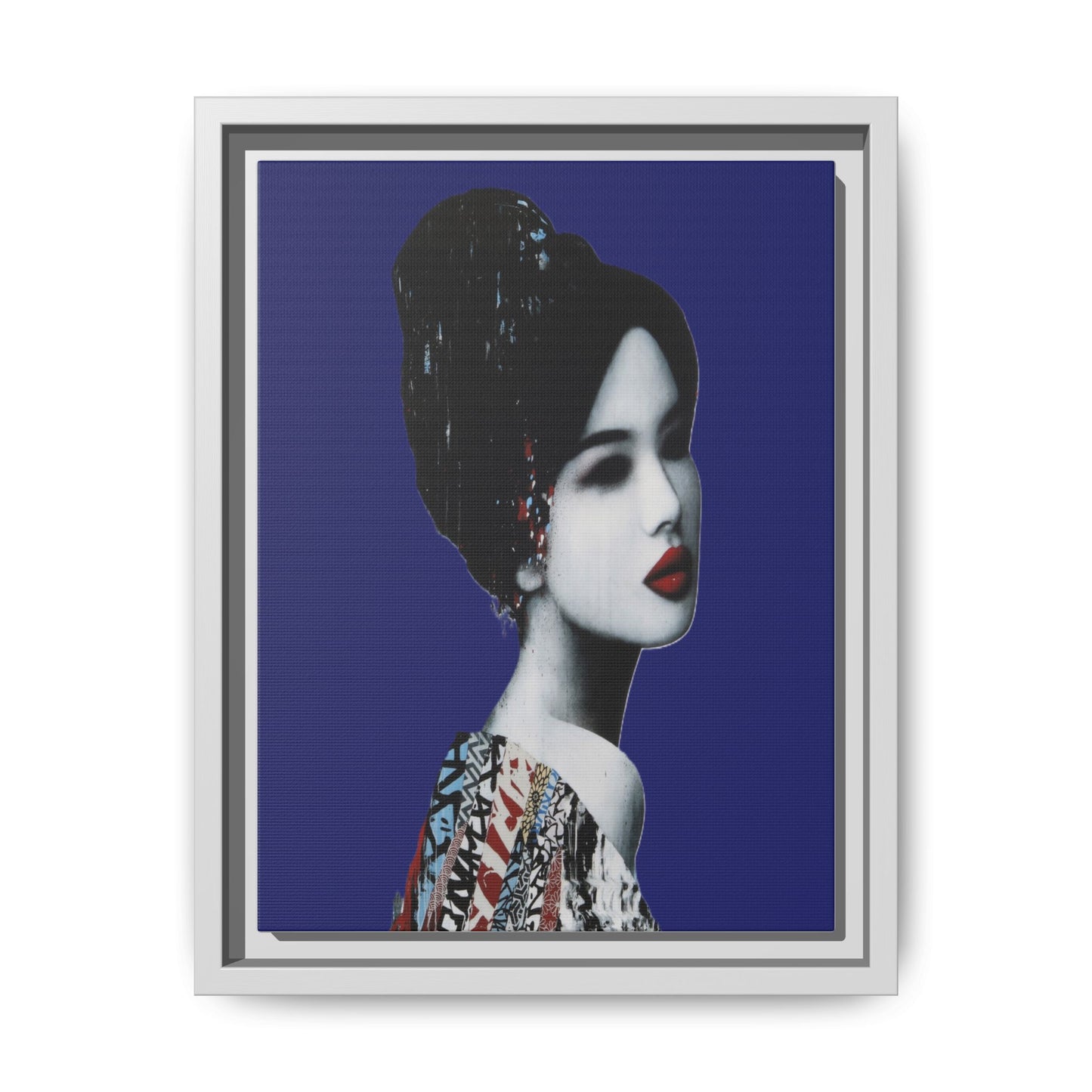Framed Matte Canvas Art — Elegant Geisha Portrait on Deep Blue
