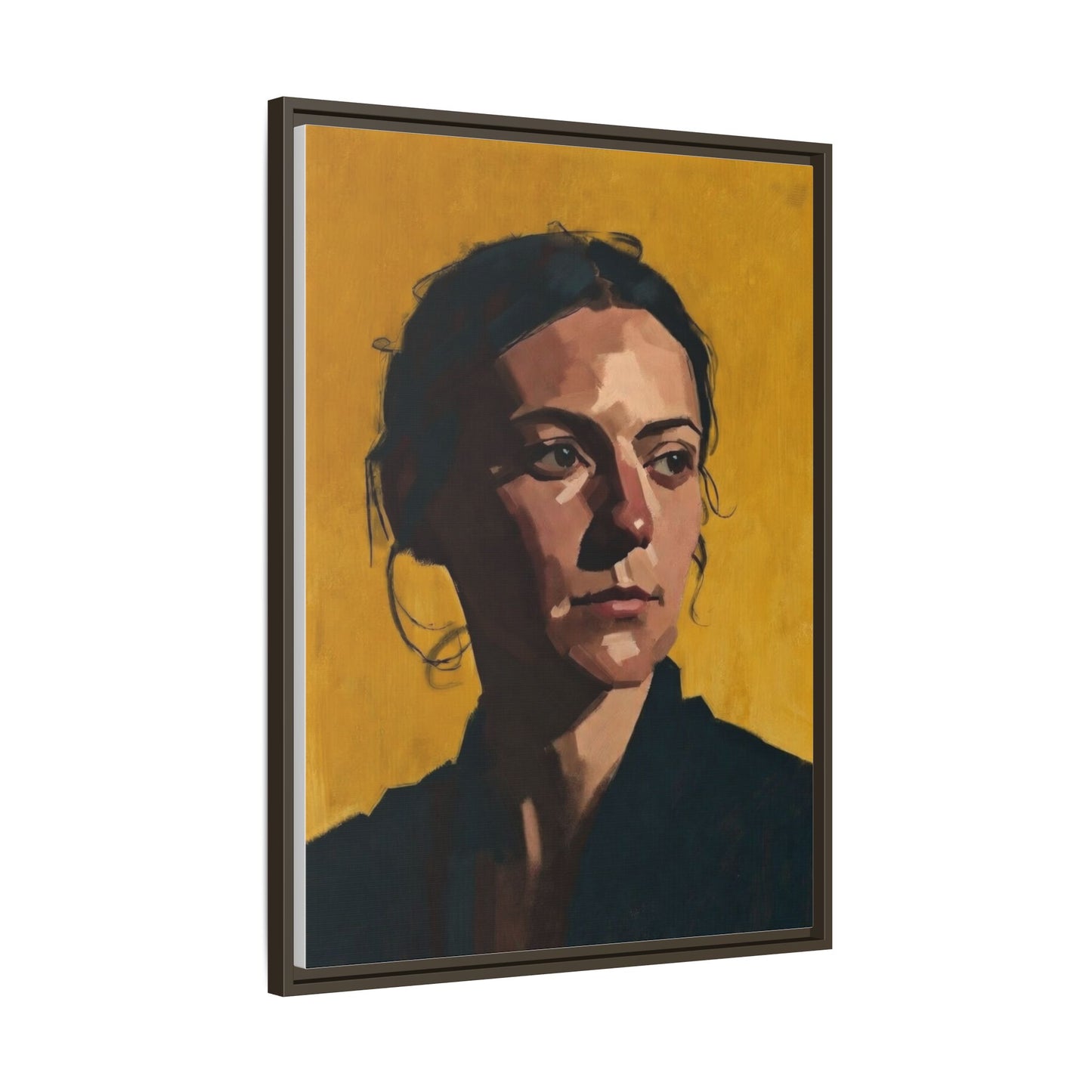 Framed Matte Canvas Portrait Art — Moody Woman on Mustard Background