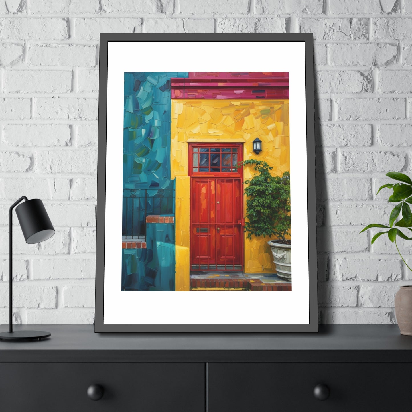 Framed Art Print - Vibrant Red Door Street Scene Poster
