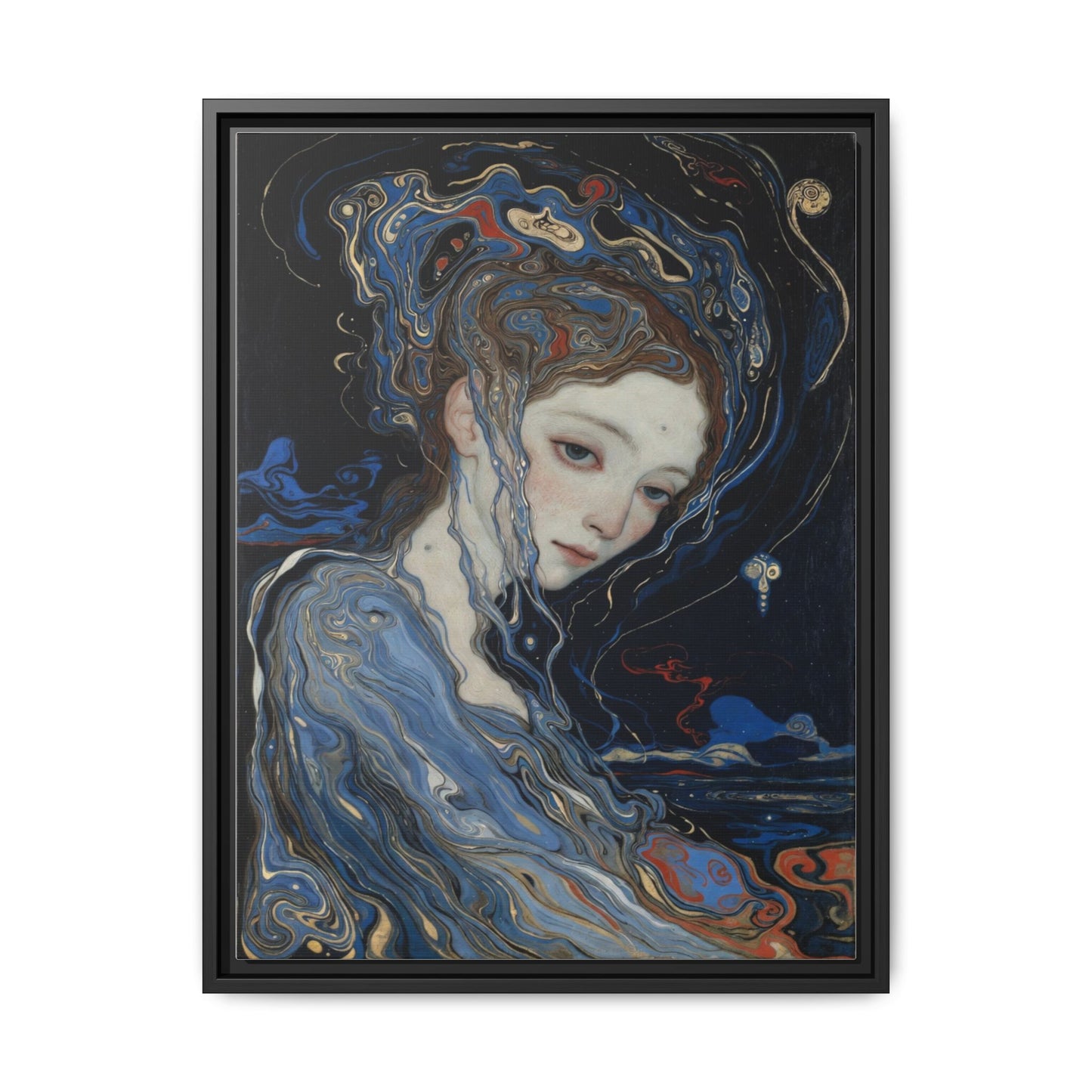 Framed Matte Canvas Art Print — Surreal Blue Maiden Portrait