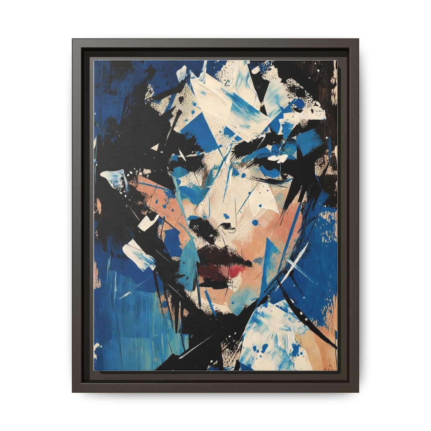 Abstract Portrait Matte Canvas Framed Wall Art — Blue Mixed-Media Face Print
