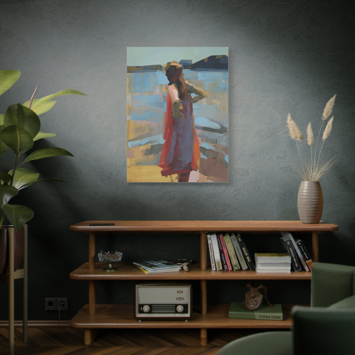 Coastal Stroll Matte Canvas Print — Abstract Woman in Red Dress, Stretched 1.25"