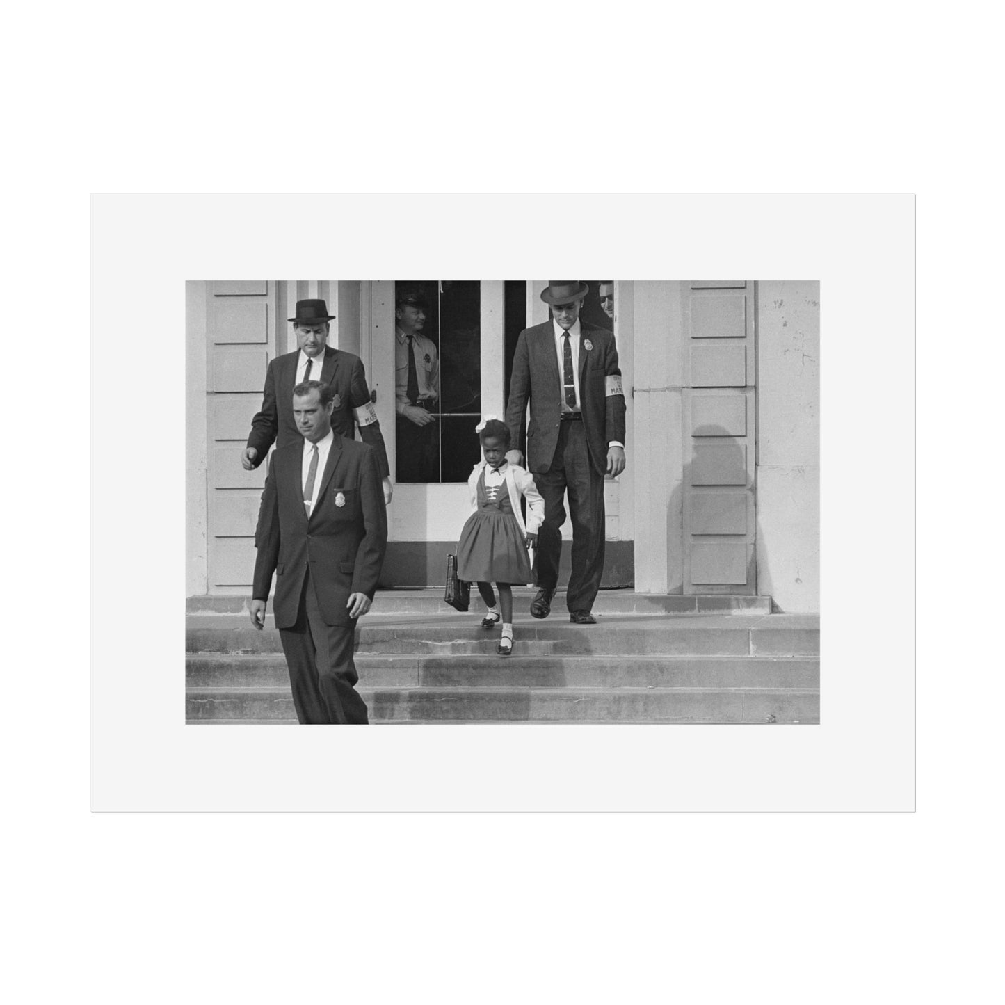 US Marshals with Young Ruby Bridges on School Steps by Unknown  Black & White Civil Rights Photograph Wall Art Print