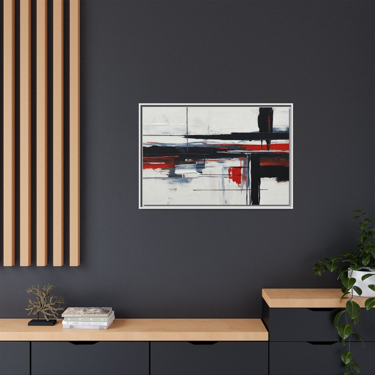 Abstract Red & Black Framed Canvas Art — Modern Matte Wall Painting