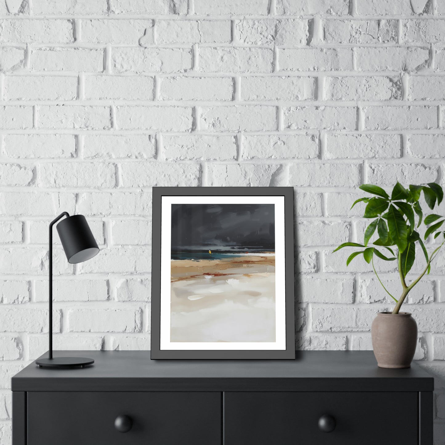 Framed Coastal Beach Print — Moody Seascape Poster in Black Frame