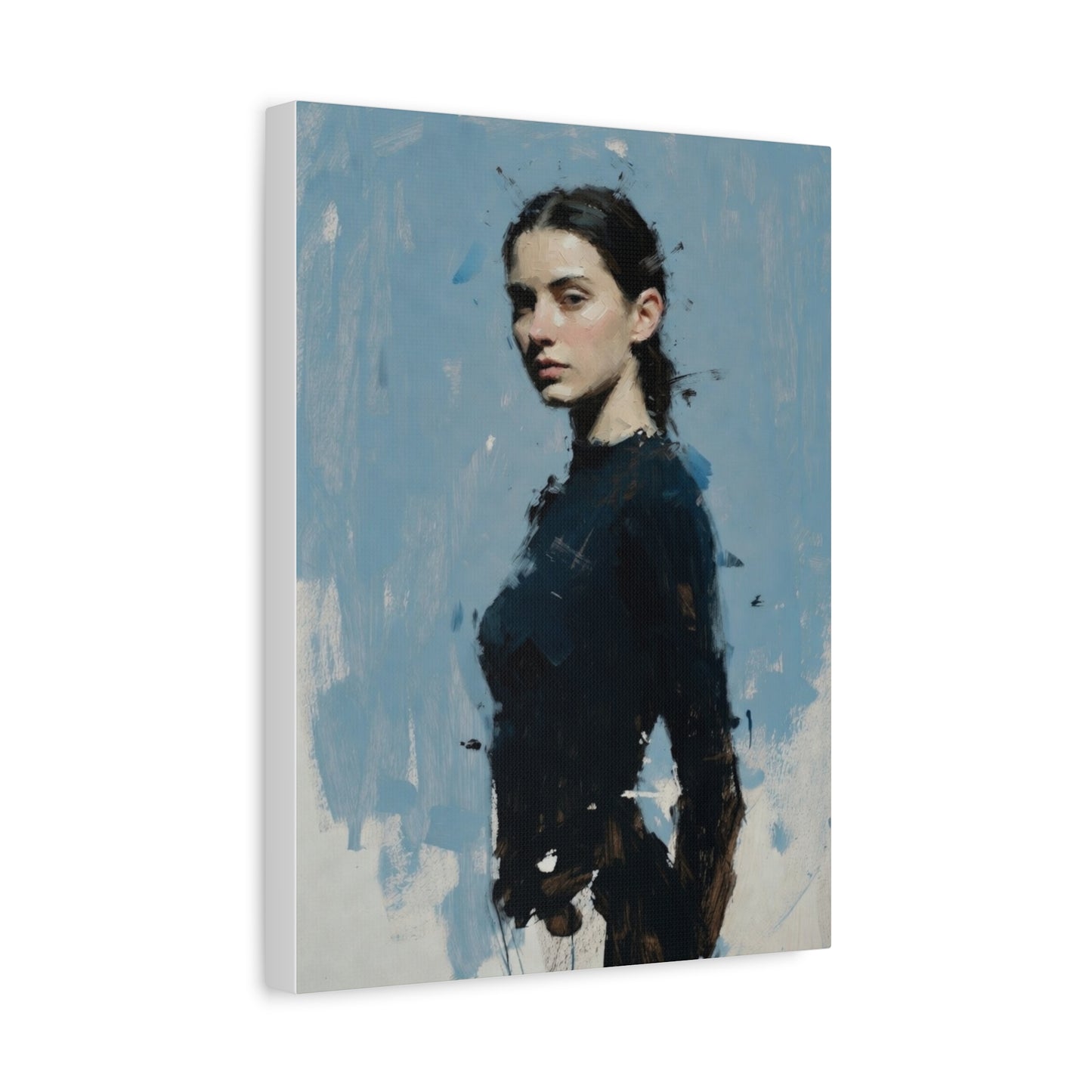 Matte Stretched Canvas Print — Portrait of a Young Woman, Moody Blue Figurative Art