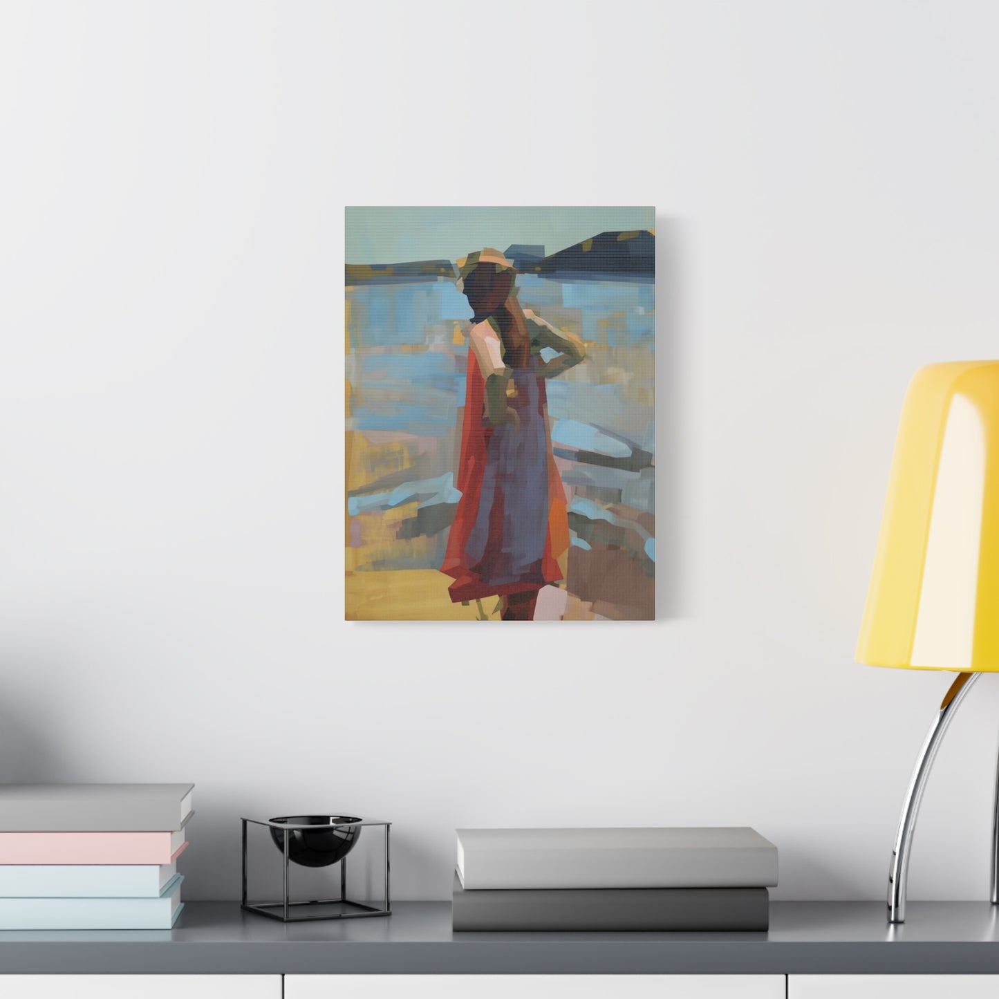 Coastal Stroll Matte Canvas Print — Abstract Woman in Red Dress, Stretched 1.25"