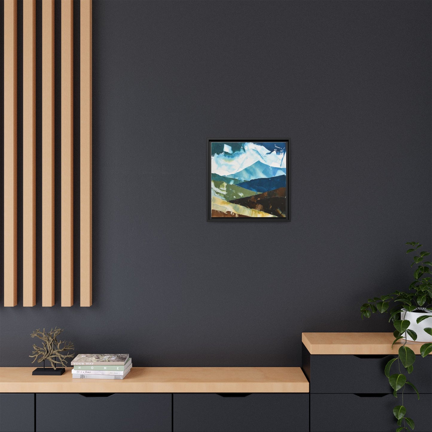 Framed Abstract Mountain Canvas Art — Blue & Earthtone Landscape Print
