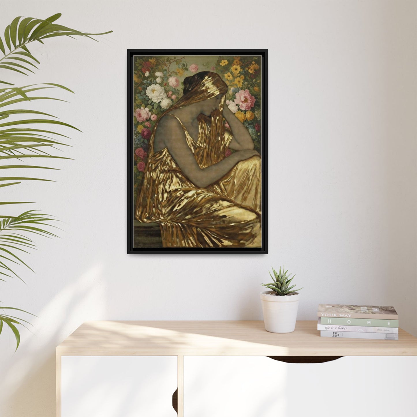 Framed Canvas Art Print — Golden Muse Woman with Floral Background