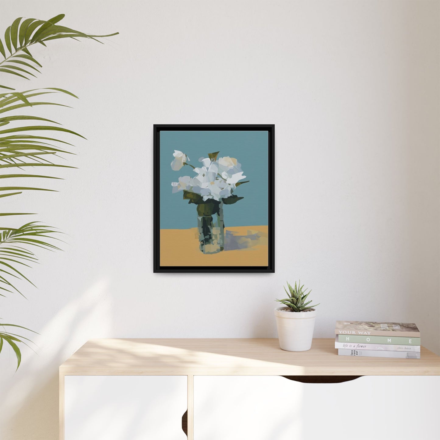 Framed Floral Still Life Canvas Art — Modern White Bouquet Wall Art