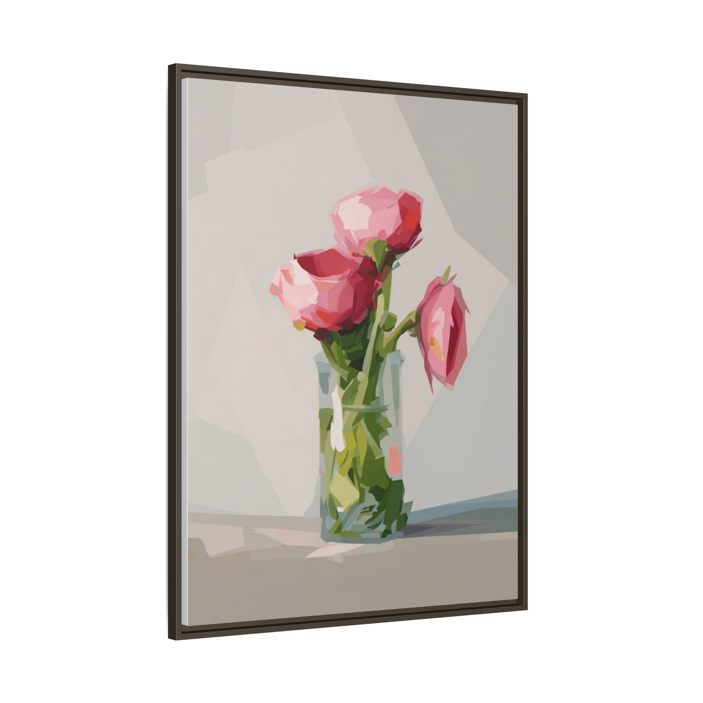 Framed Canvas Art — Pink Roses in Vase, Modern Floral Wall Print