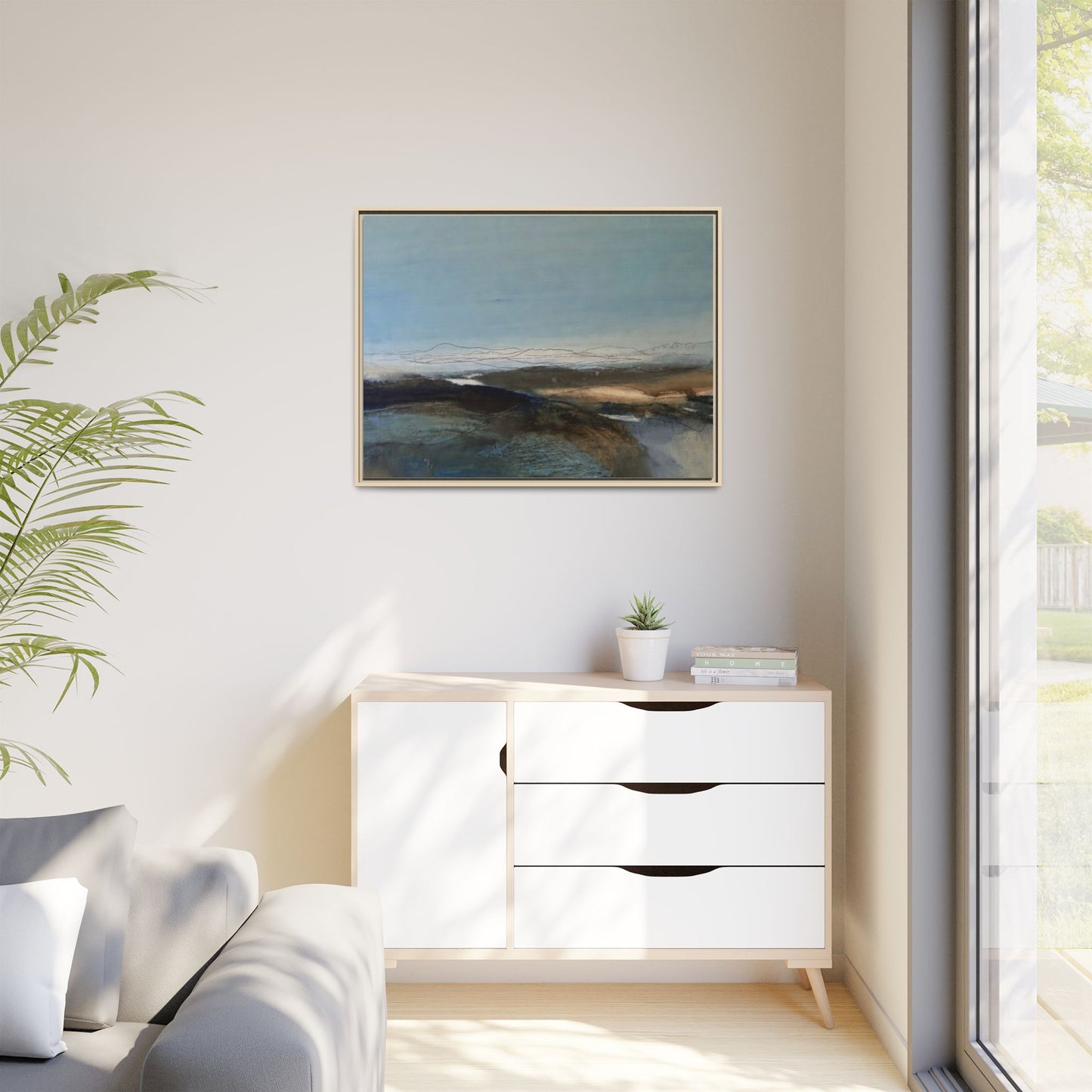 Framed Matte Canvas Wall Art — Serene Abstract Blue Landscape