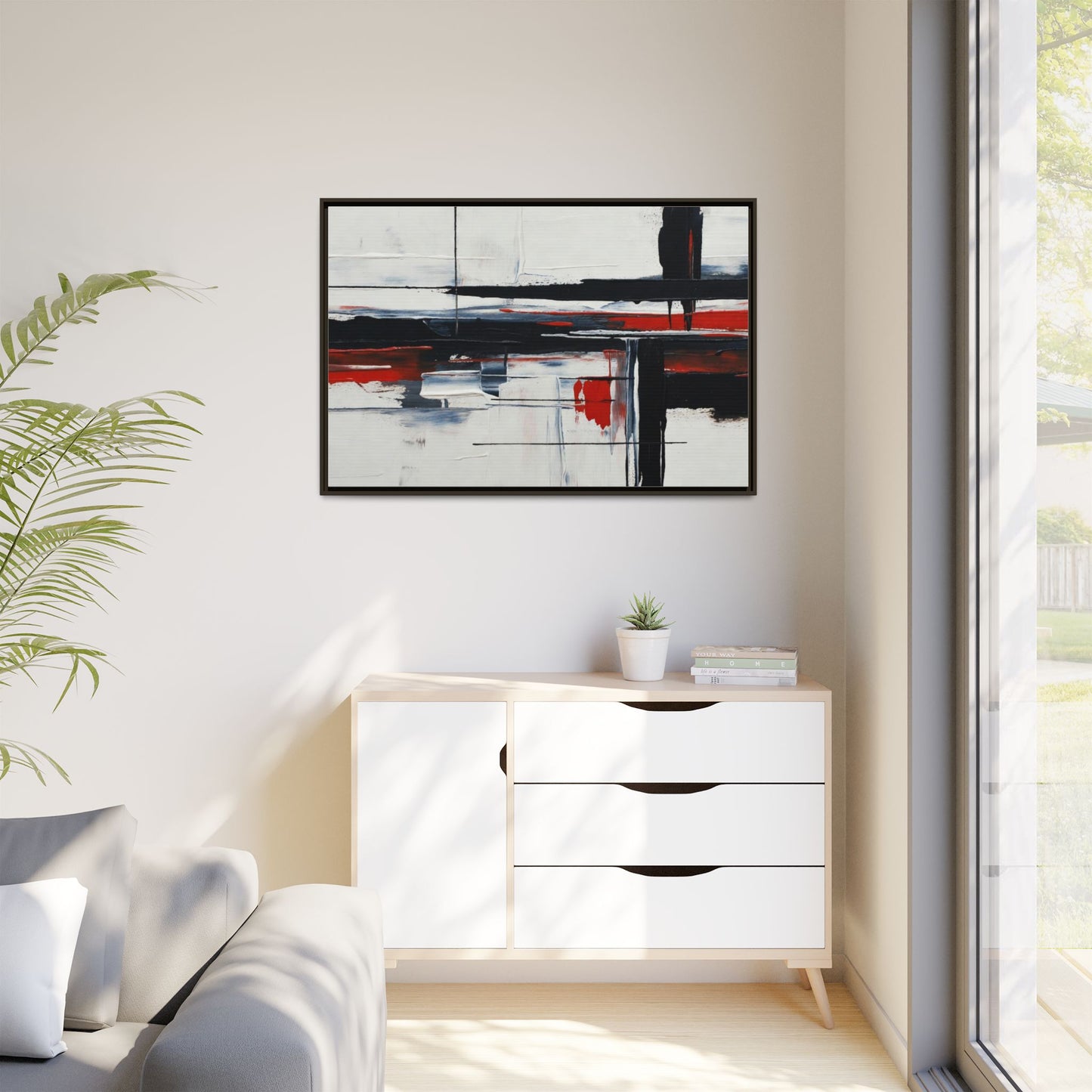 Abstract Red & Black Framed Canvas Art — Modern Matte Wall Painting