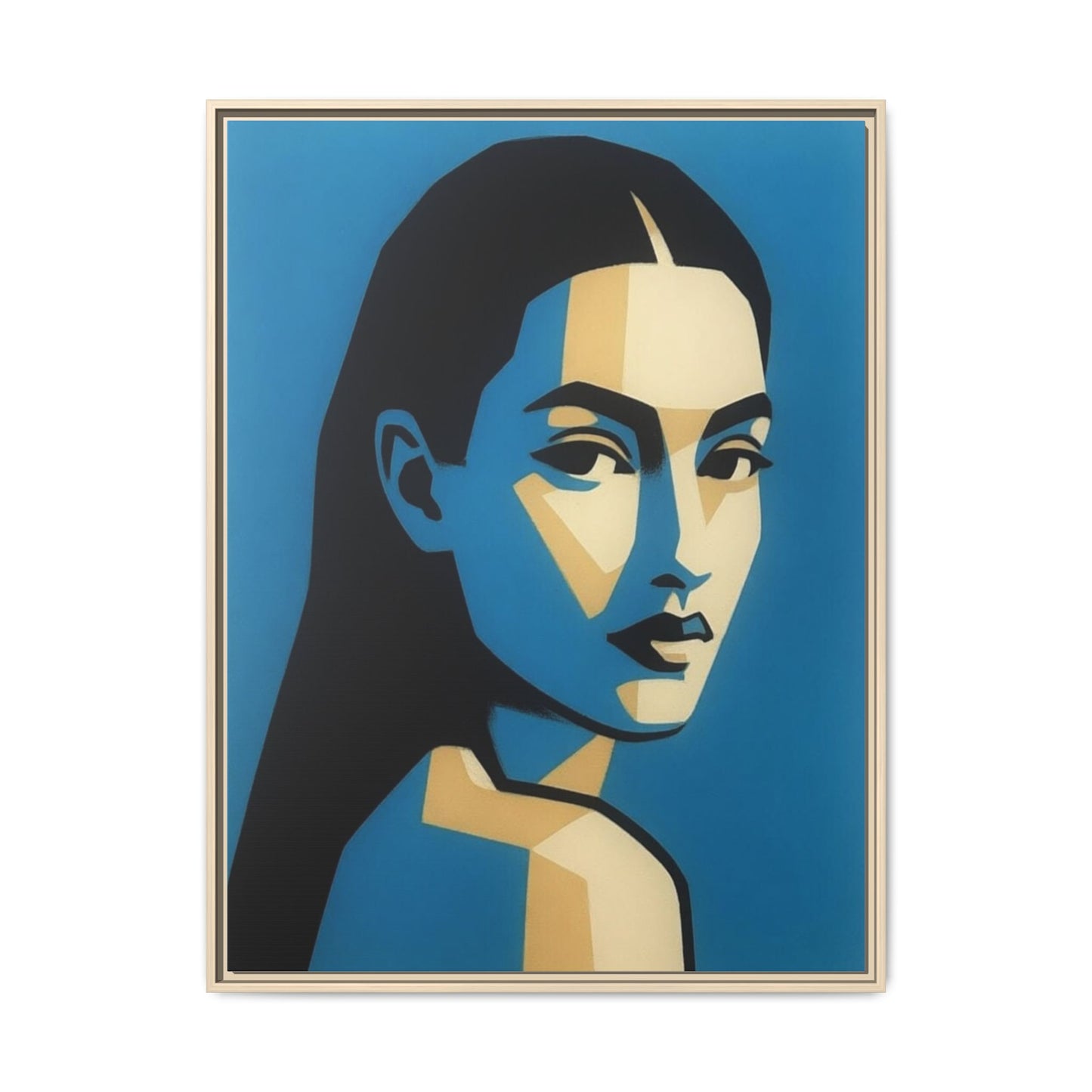 Framed Pop Art Portrait Canvas — Blue Geometric Woman Print