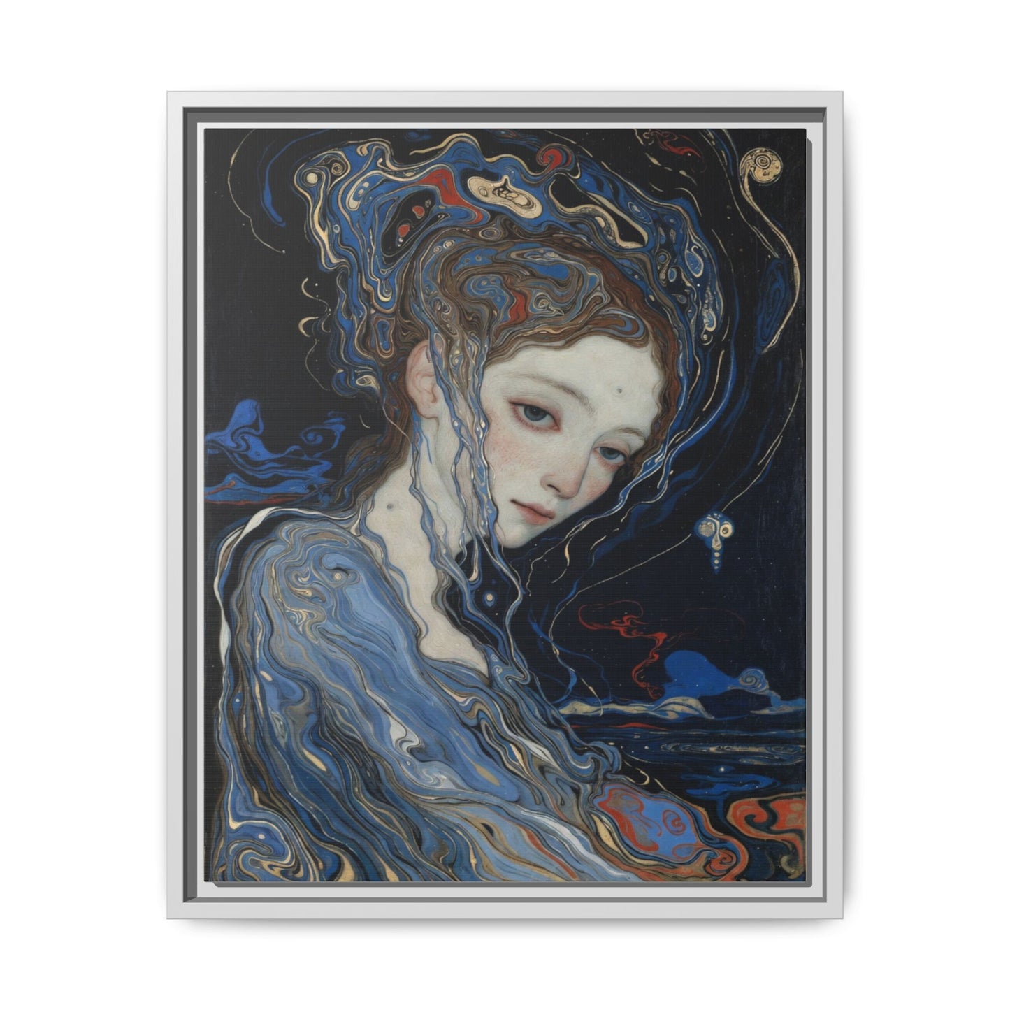 Framed Matte Canvas Art Print — Surreal Blue Maiden Portrait