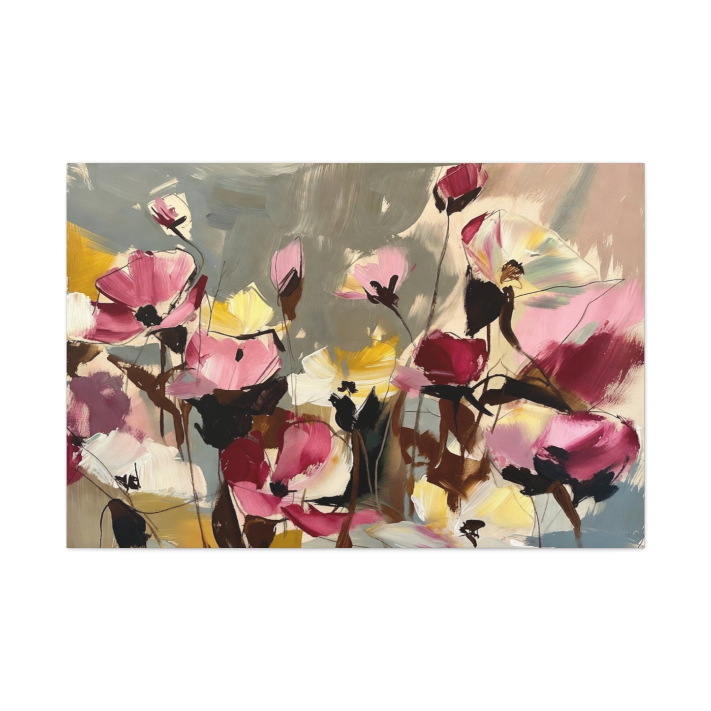 Floral Abstract Canvas Wall Art — Pink & Yellow Bloom Stretched Matte Print