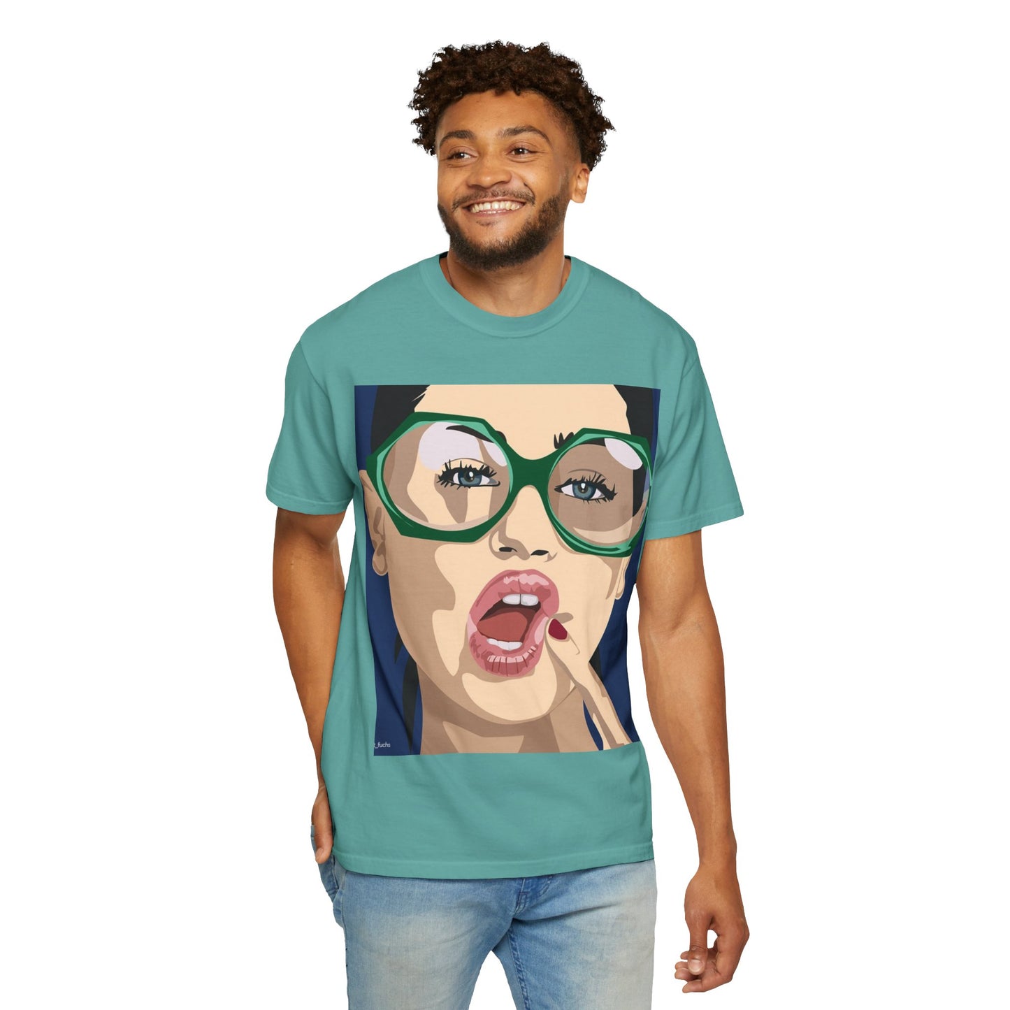 Pop Art Woman Graphic T‑Shirt — Retro Chic Green Glasses Design