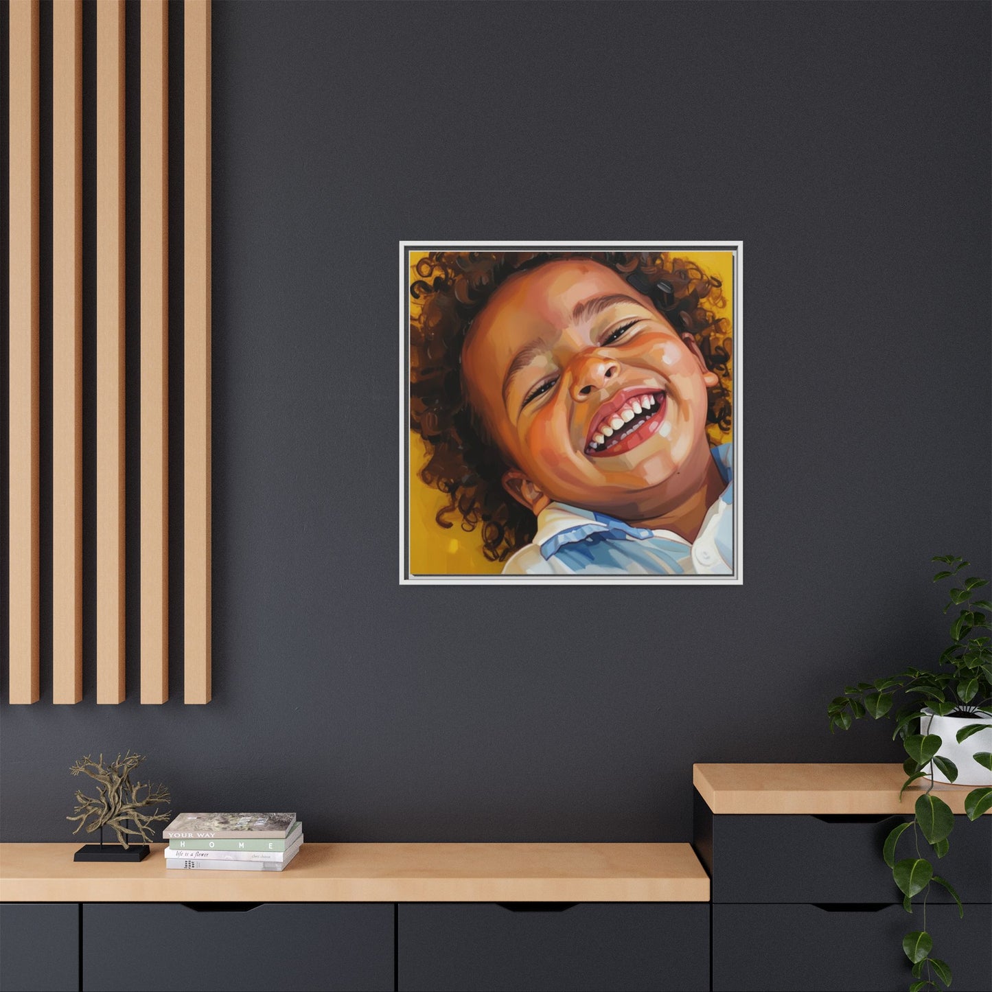 Framed Matte Canvas Print – Joyful Child Portrait, Colorful Nursery Wall Art