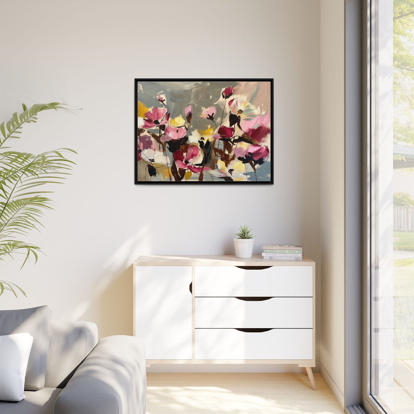 Framed Floral Canvas Wall Art — Abstract Pink & Yellow Flowers
