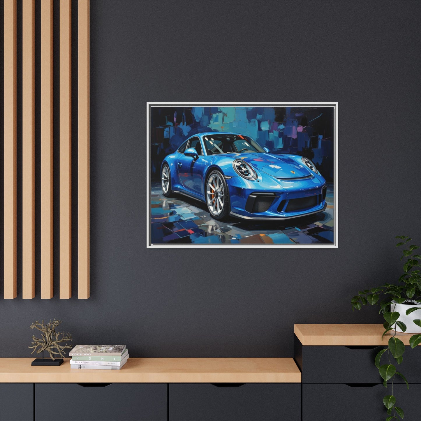 Blue Sports Car Matte Canvas Framed Print — Modern Automotive Wall Art