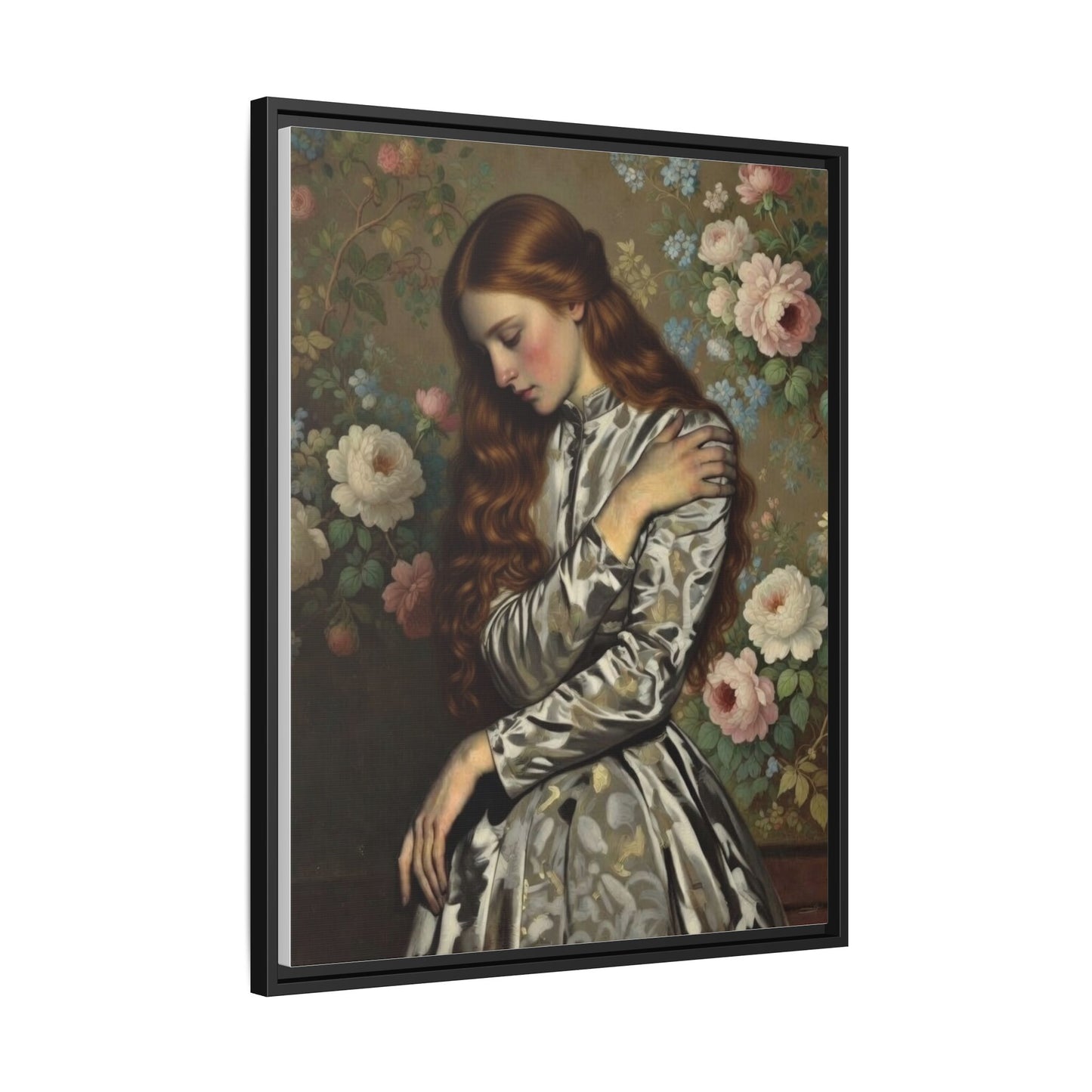 Framed Matte Canvas Art — Vintage Floral Portrait of a Young Woman