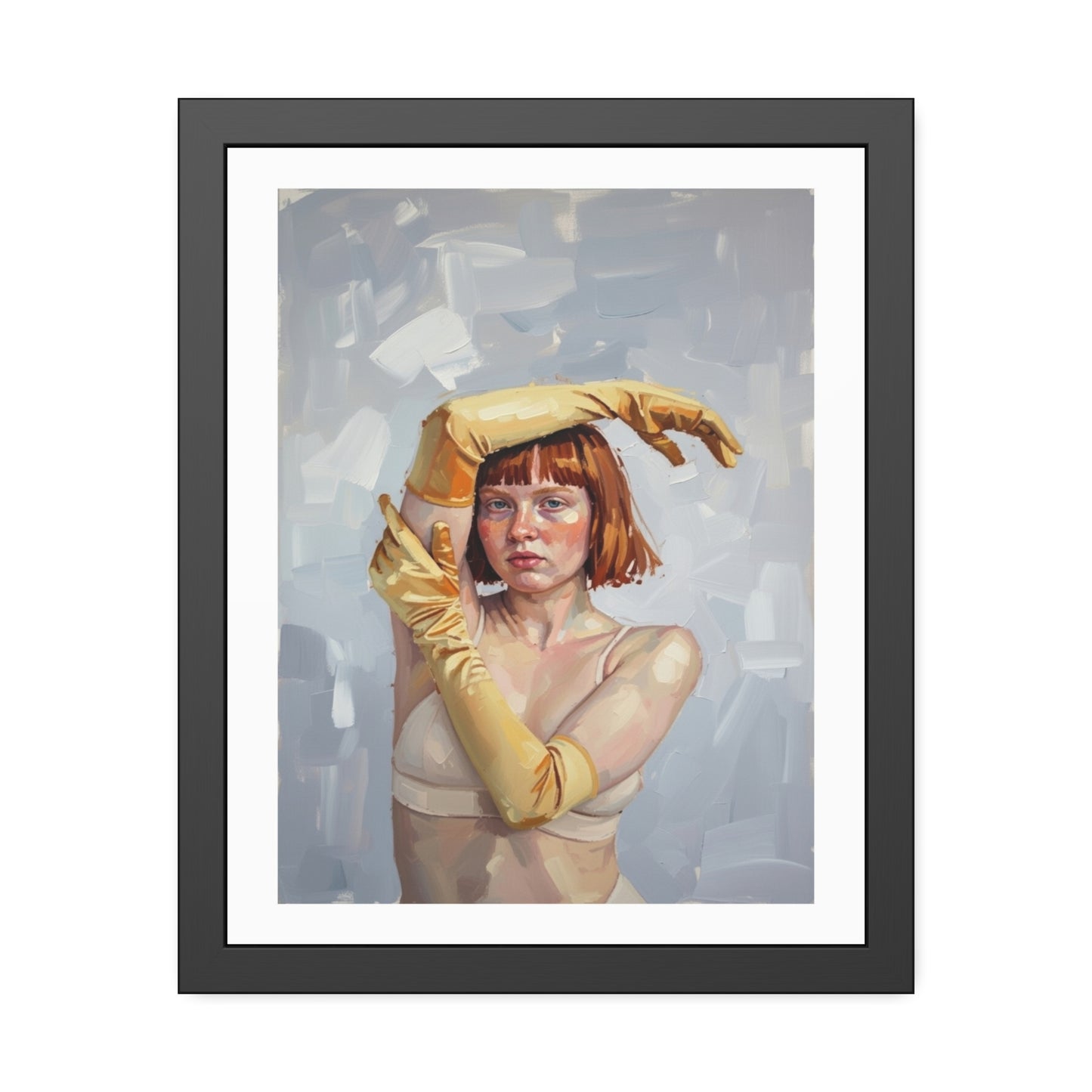 Framed Art Print — Portrait of Woman in Yellow Gloves (Modern Figurative Wall Art)