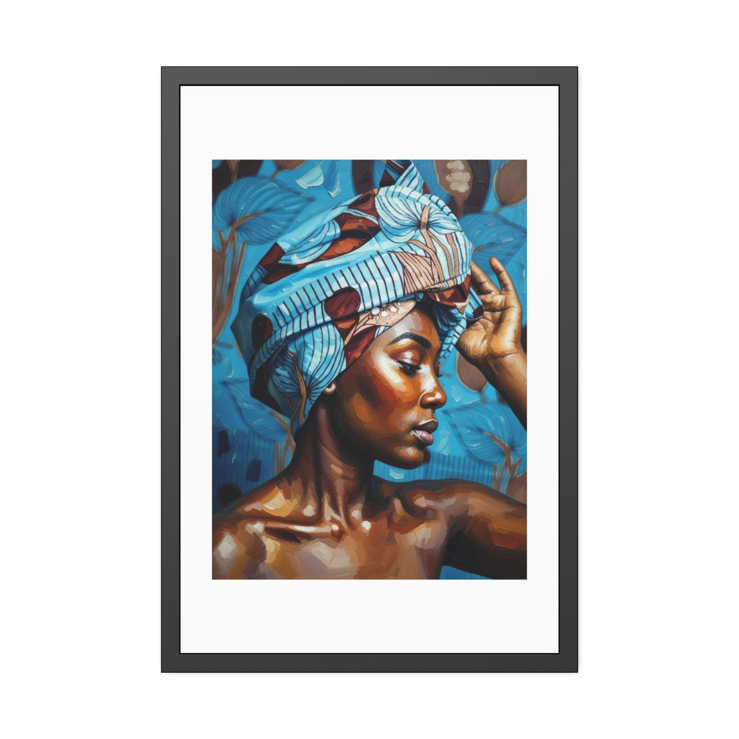 Framed Art Print — Portrait of Woman with Blue Headwrap (Gallery Wall Decor)