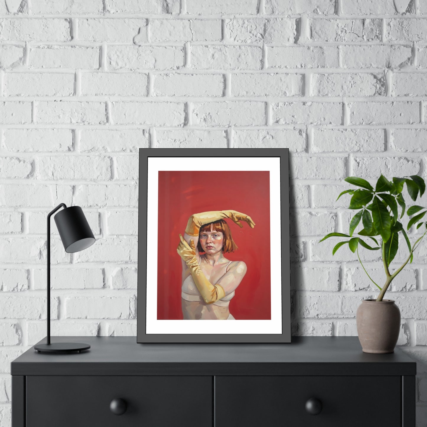 Framed Art Print — Retro Portrait with Yellow Gloves on Red Background