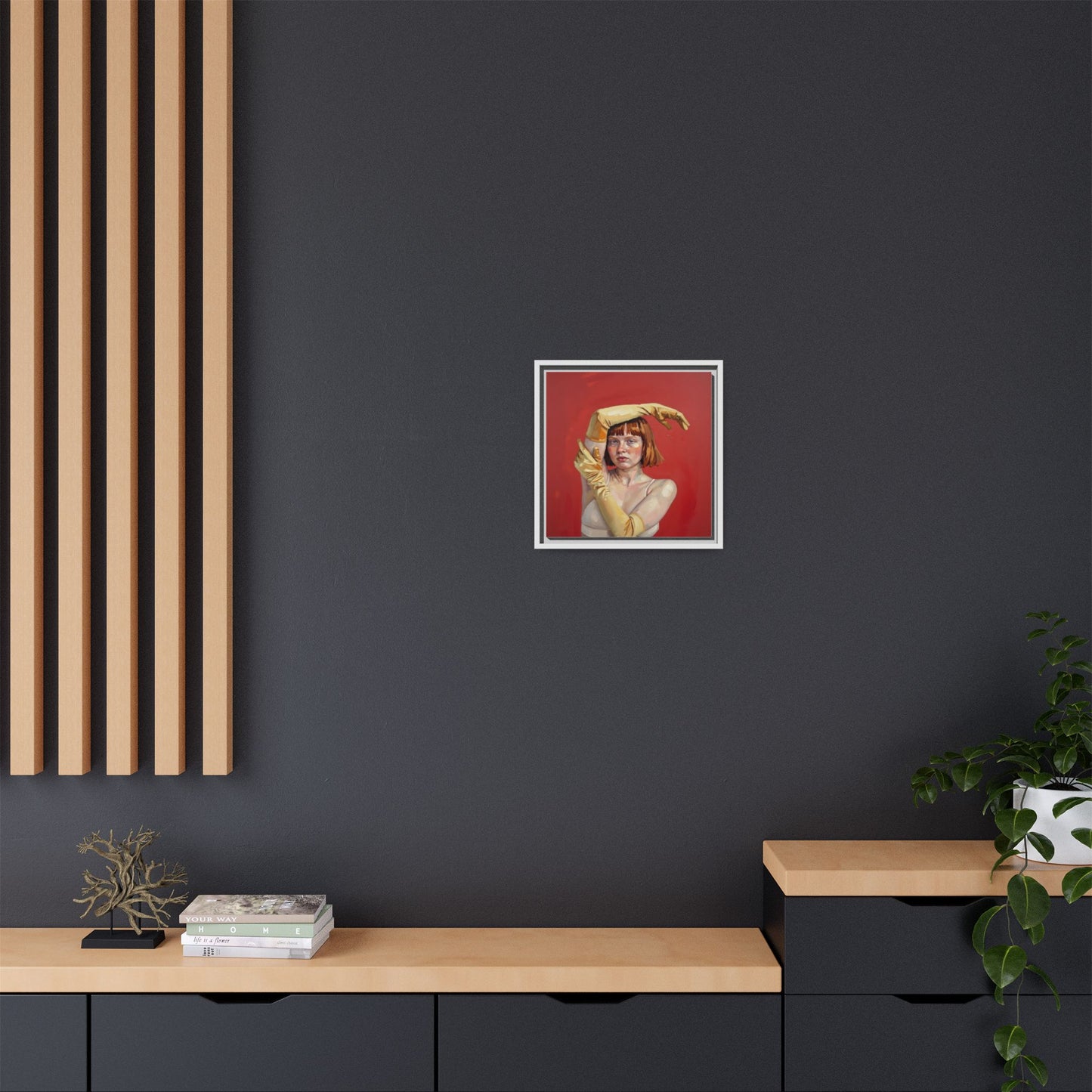 Framed Matte Canvas Art - Portrait of Woman in Yellow Gloves (Red Background)