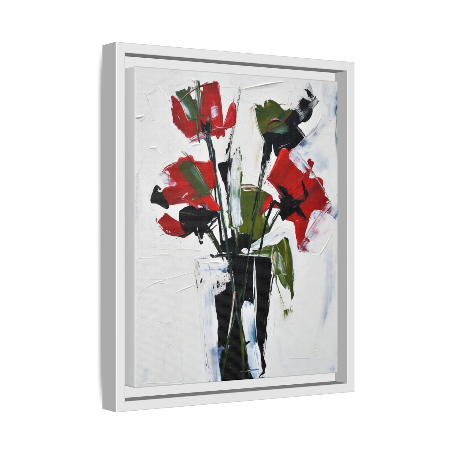 Framed Abstract Floral Canvas Print — Red Poppies in Black Vase
