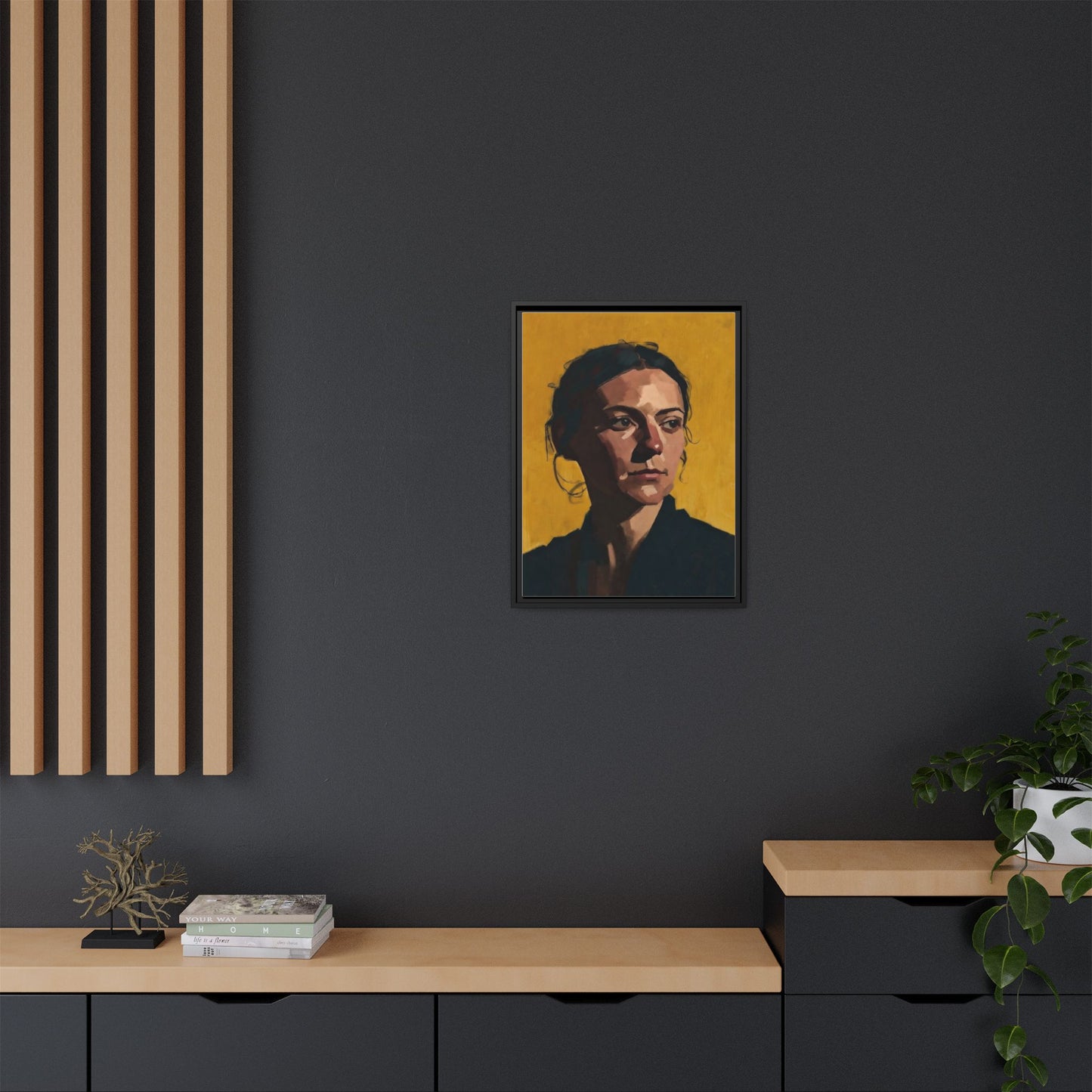 Framed Matte Canvas Portrait Art — Moody Woman on Mustard Background