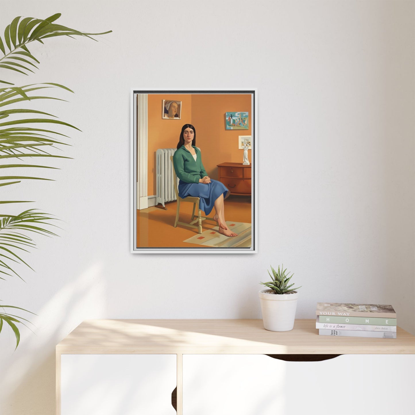 Framed Matte Canvas Print — Woman Seated in Warm Interior (Midcentury Portrait)