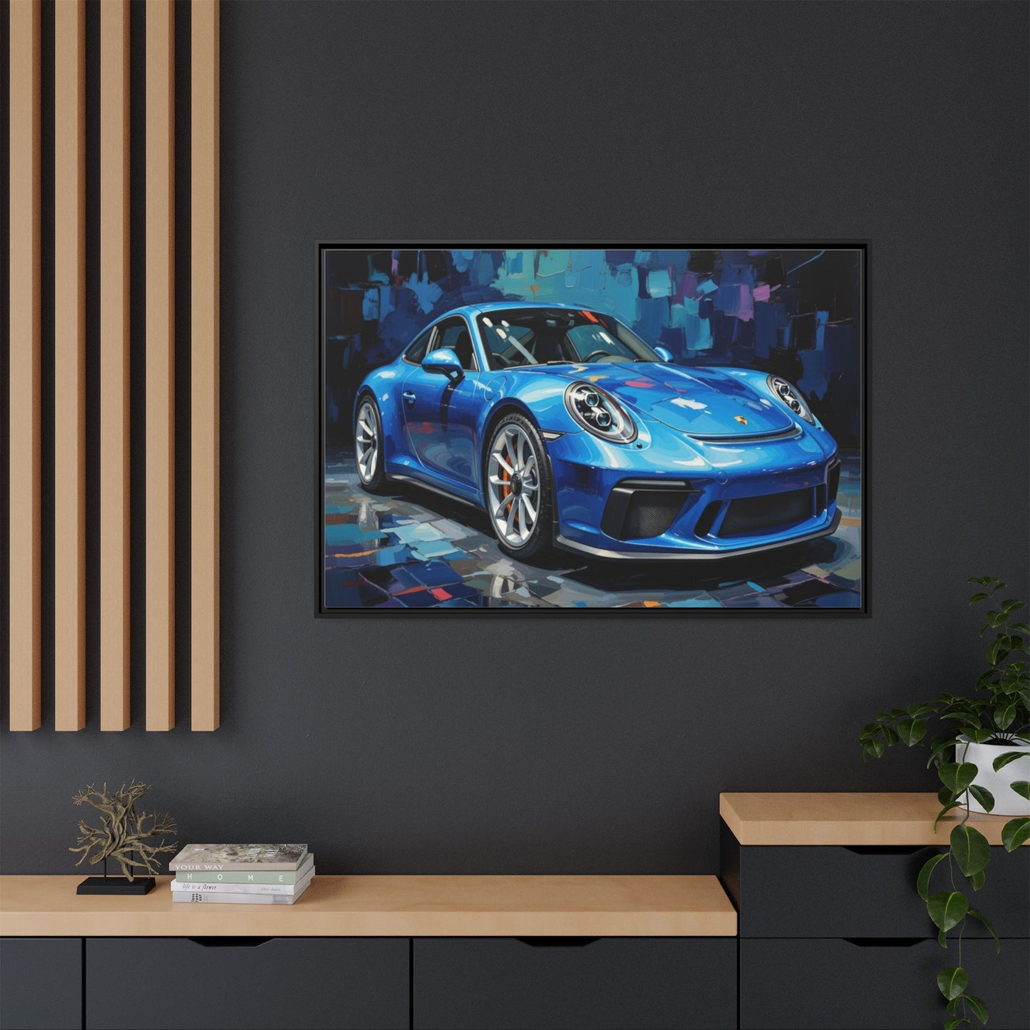 Blue Sports Car Matte Canvas Framed Print — Modern Automotive Wall Art