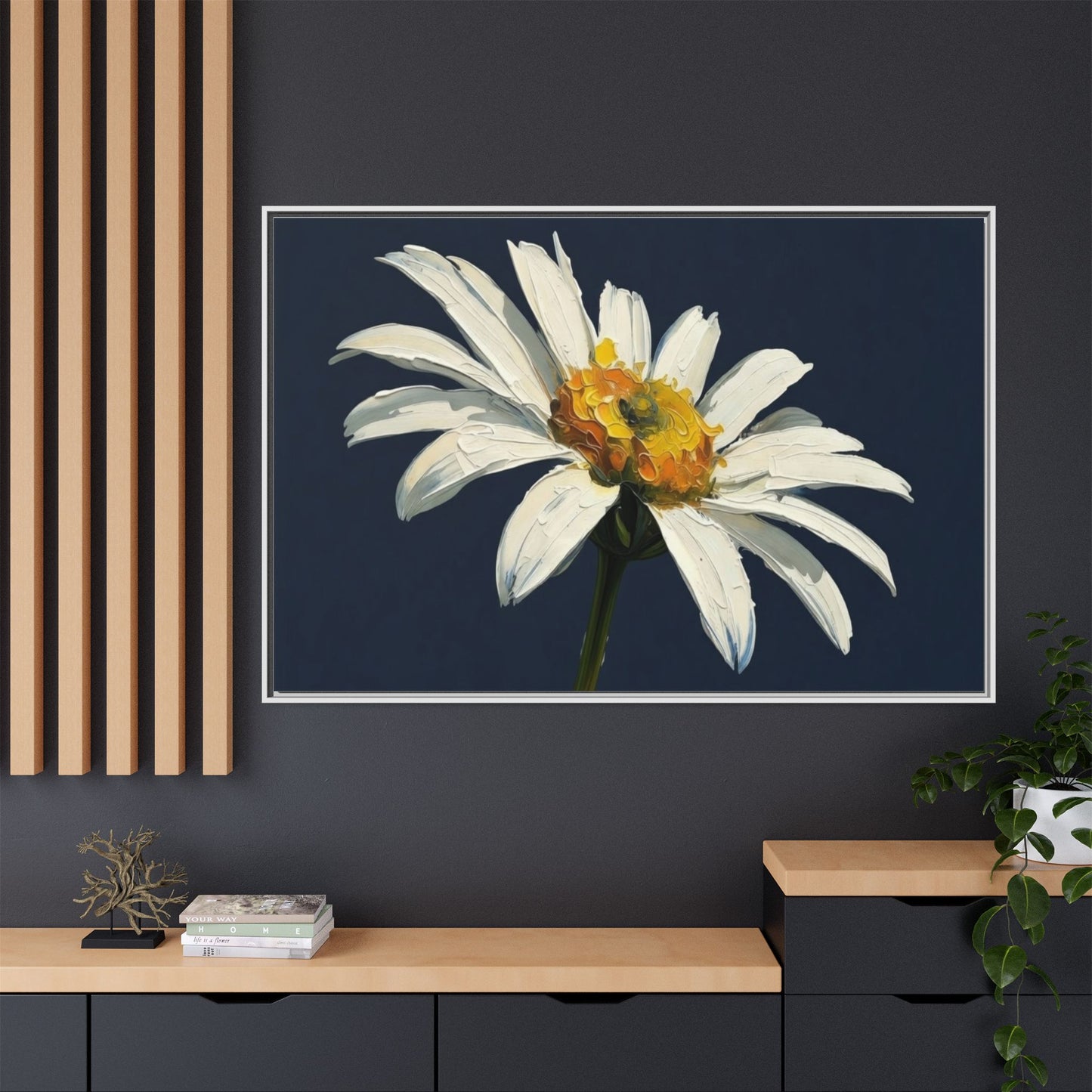 Framed Matte Canvas Daisy Wall Art — White Floral Painting on Navy