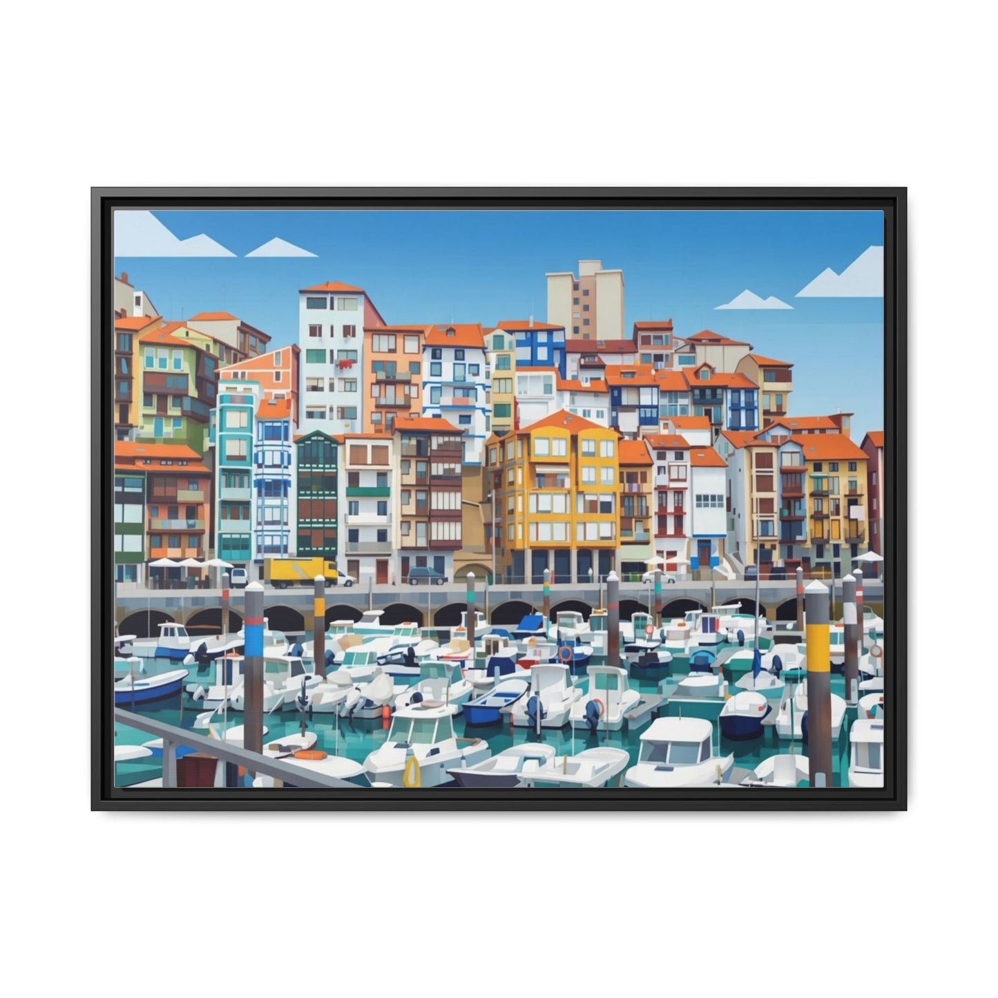 Framed Matte Canvas Print — Colorful Mediterranean Harbor Illustration