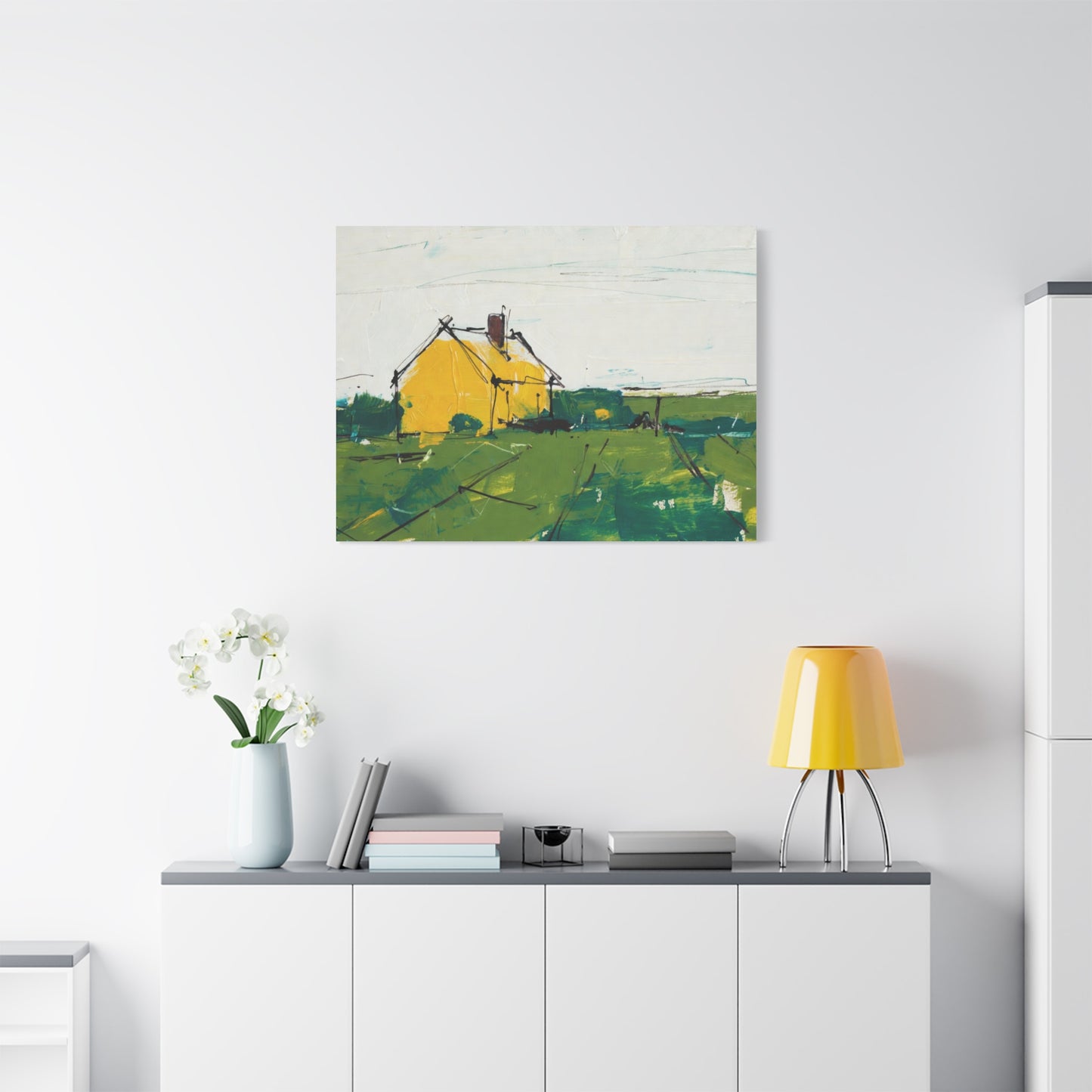 Yellow Cottage Landscape Canvas - Matte Stretched Wall Art