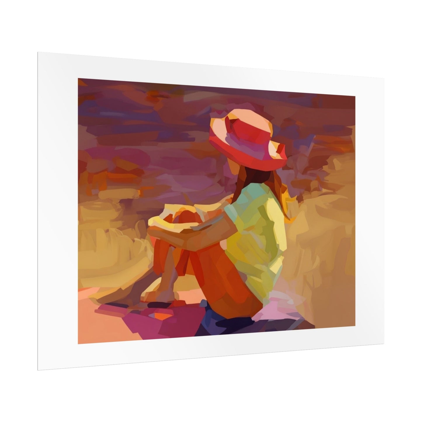 Sunset Daydream Rolled Poster — Colorful Girl in Hat Beach Art Print