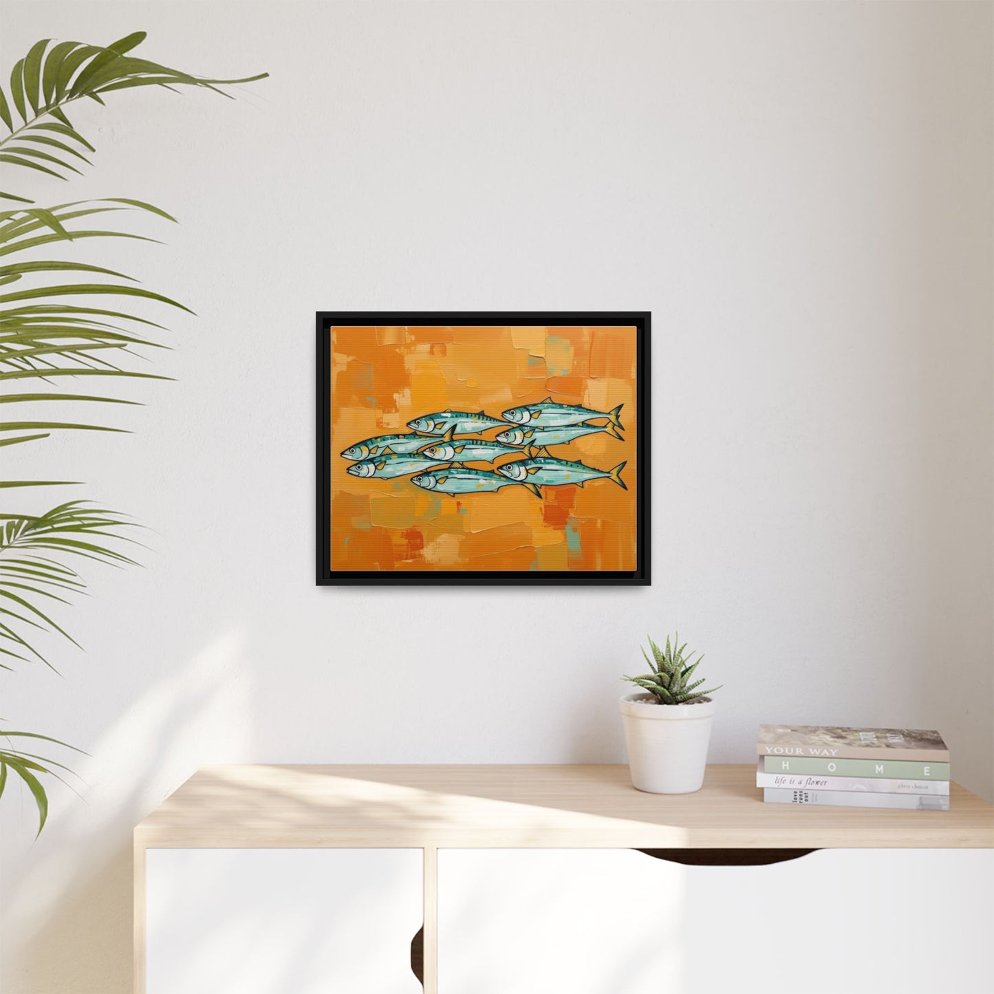 Framed Matte Canvas Print — School of Blue Fish on Orange Abstract Background