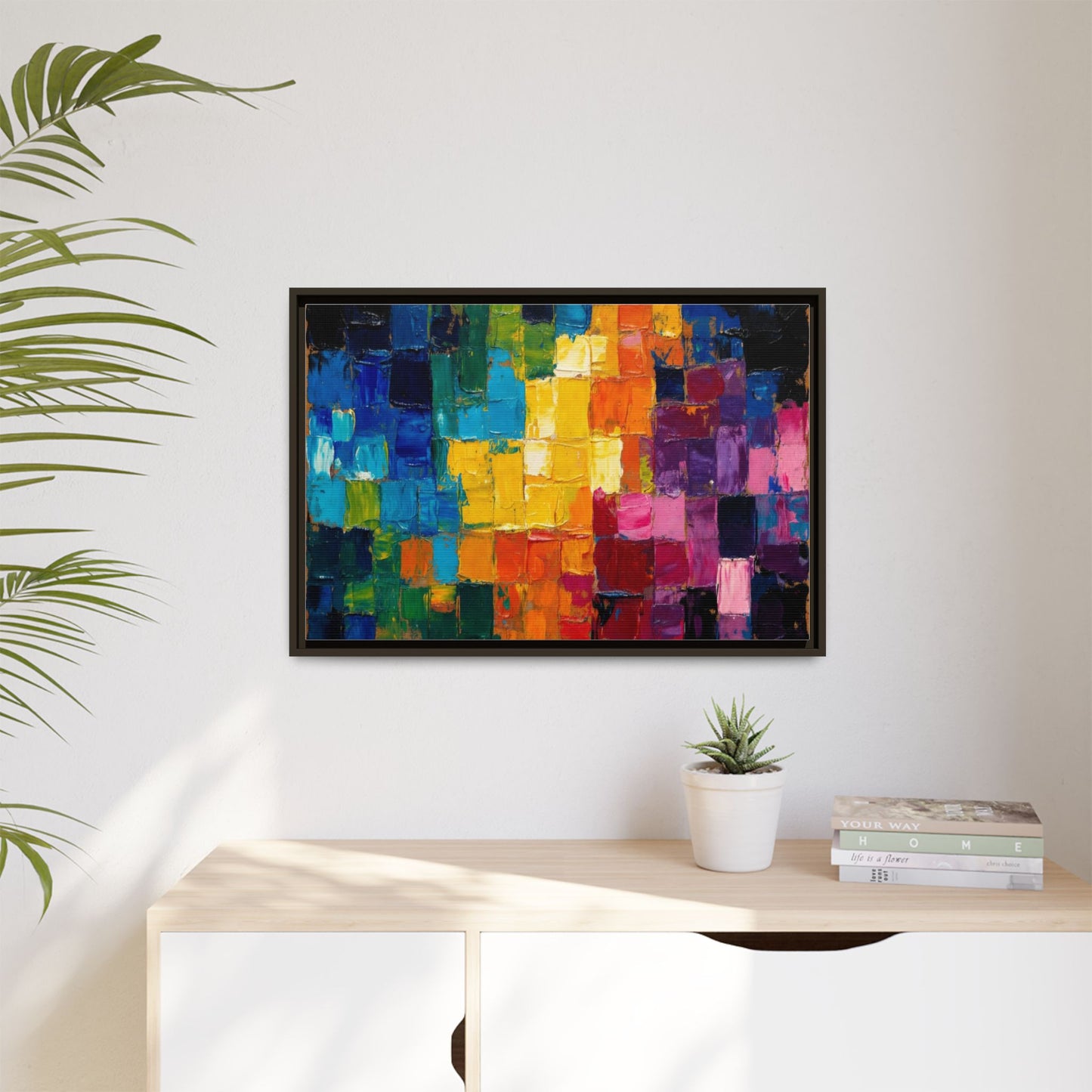Abstract Rainbow Mosaic Framed Canvas Print — Colorful Modern Wall Art